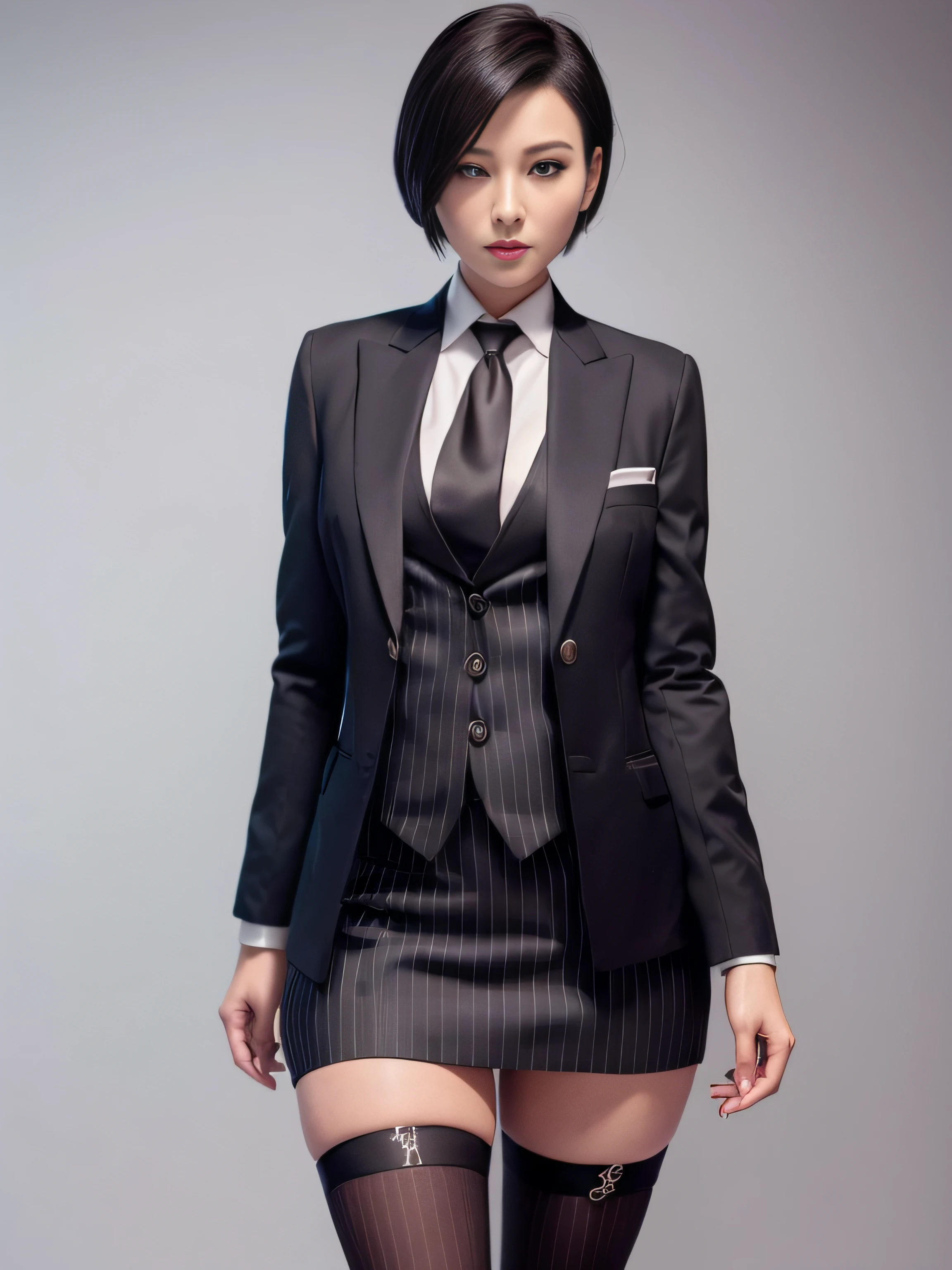 1 woman, ada wong, fully clothed, skirt suit, suit and tie, (((bthree-piece suit))), silk dress shirt, shirt and tie, necktie, ((blazer)), ((suit jacket)) ((waistcoat)), bodycon miniskirt, pantyhose, tights, stockings, ((pinstripe suit)), high heels, tie clip, pocket square, tailored suit,