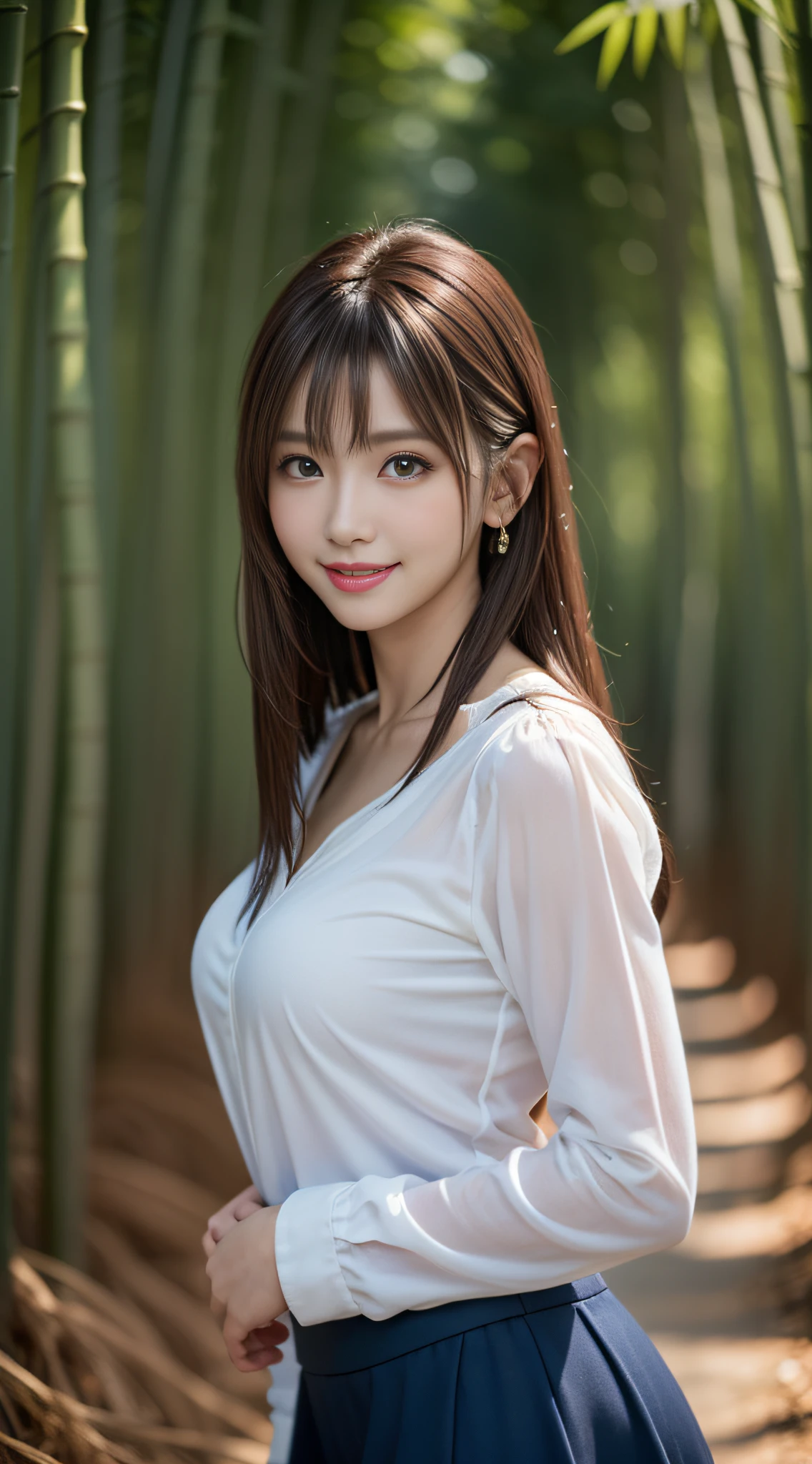 1womanl, （middlebreasts）, light brown hair, Blunt bangs, hair behind ear, hair over shoulder, （Long hair）,wetting hair,（ slender body shape）, （Ultra Fine Face）, Delicate lips,（beautidful eyes）, thin blush, Brown eyes, （shinny skin, flawless skin :1.3）,hide one's hands,（White sheer Y-shirt, Dark blue flared skirt),Smile,,bustshot,（bamboo forrest:1.5）