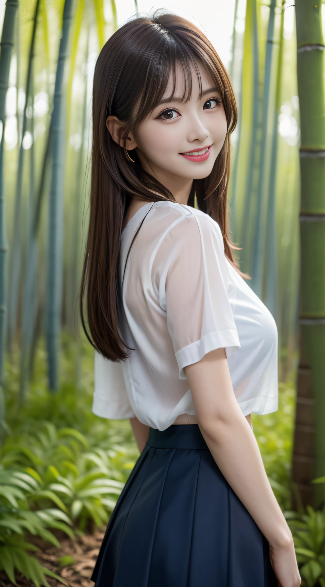 1womanl, （middlebreasts）, light brown hair, Blunt bangs, hair behind ear, hair over shoulder, （Long hair）,wetting hair,（ slender body shape）, （Ultra Fine Face）, Delicate lips,（beautidful eyes）, thin blush, Brown eyes, （shinny skin, flawless skin :1.3）,hide one's hands,（White sheer Y-shirt, Dark blue flared skirt),Smile,,bustshot,（bamboo forrest:1.5）