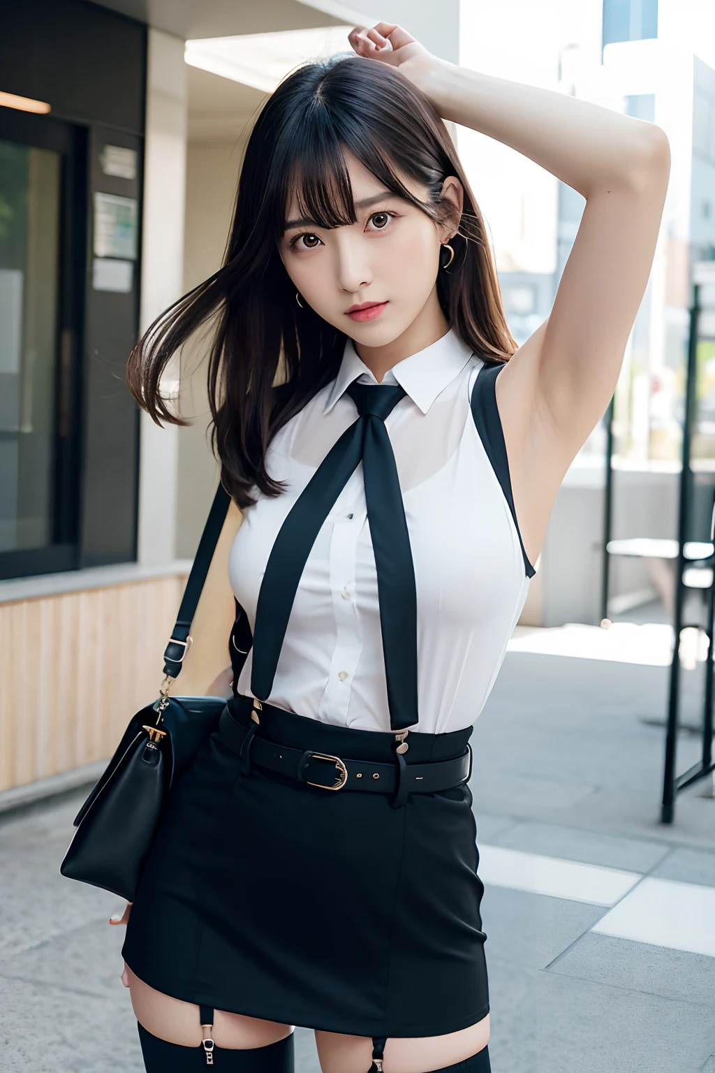(masutepiece:1.2),High quality,vivd colour,flat-colors,Deep Depth Of Field,Lens Flare,1 girl,Black hair,eyecontact,Suit,Collared shirt,Belt bag,suspenders,Professional,Office Lady,Mature Women,Black mini skirt　garterbelts　knee high　Stockings　Black Niso　Colorcon armpit sweat　perspiring　Side of both hands,Black jacket,Gaze,ample bosom,Armpit sweat,Exposing the armpits"Pichi Pichi clothes