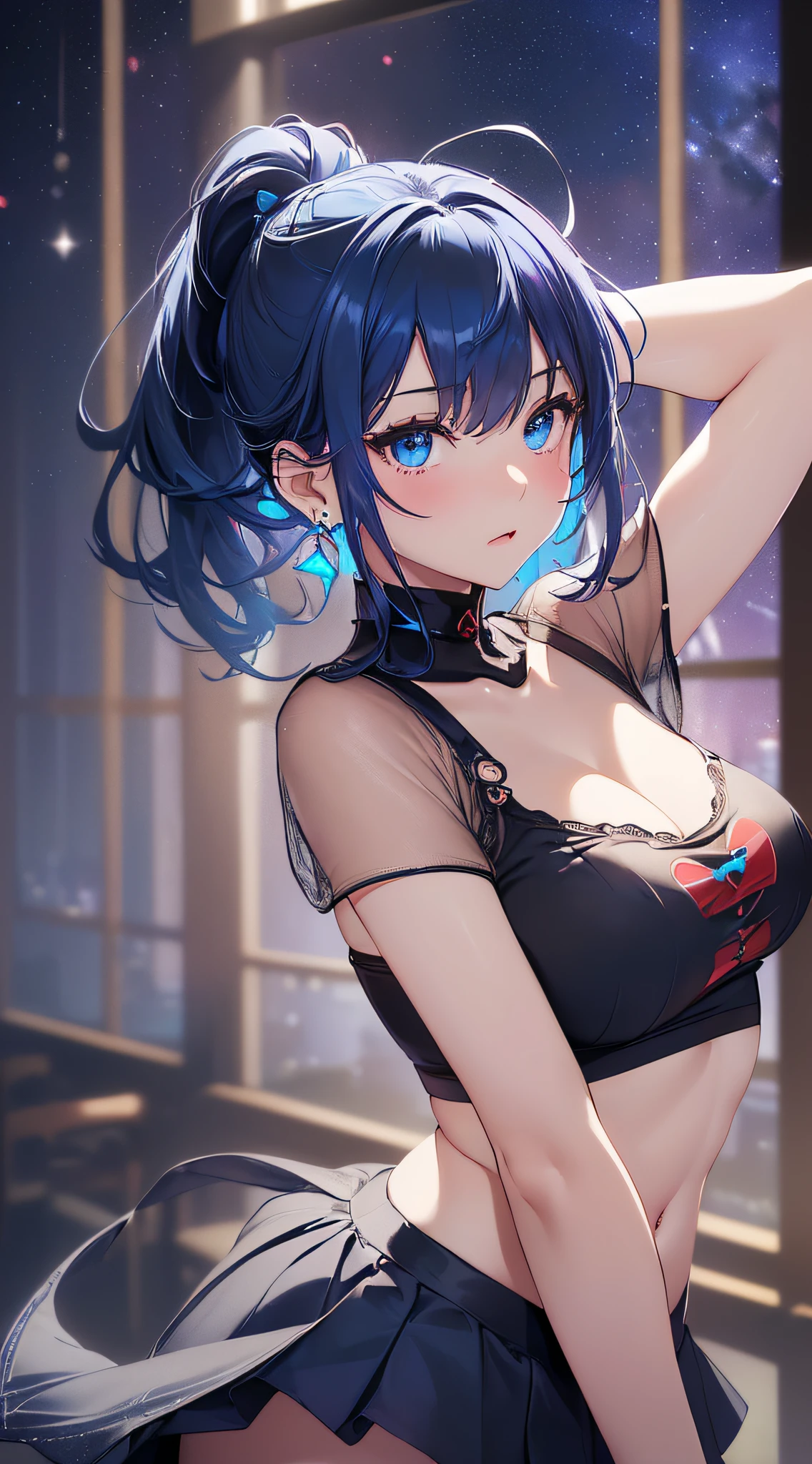 top-quality、Top image quality、​masterpiece、girl with((cute little、18year old、Best Bust、Medium bust、Bust 85,Beautiful blue eyes、Breasts wide open,Black Short Sleeve T-Shirt、White see-through、Black short skirt、Ponytail with black hair、Beautiful blue earrings、A slender、Blue hair mesh、、Leaning forward、Poses that emphasize breasts、Drunk、Being drunk、Unsteady gait)）hiquality、Beautiful Art、Background with((Red and blue lighting、Planetarium Town、Beautiful starry sky、Illumination Town)),masutepiece、Elaborate design、visualart、depth of fields、The best lighting、highestdetailed、8ｋ