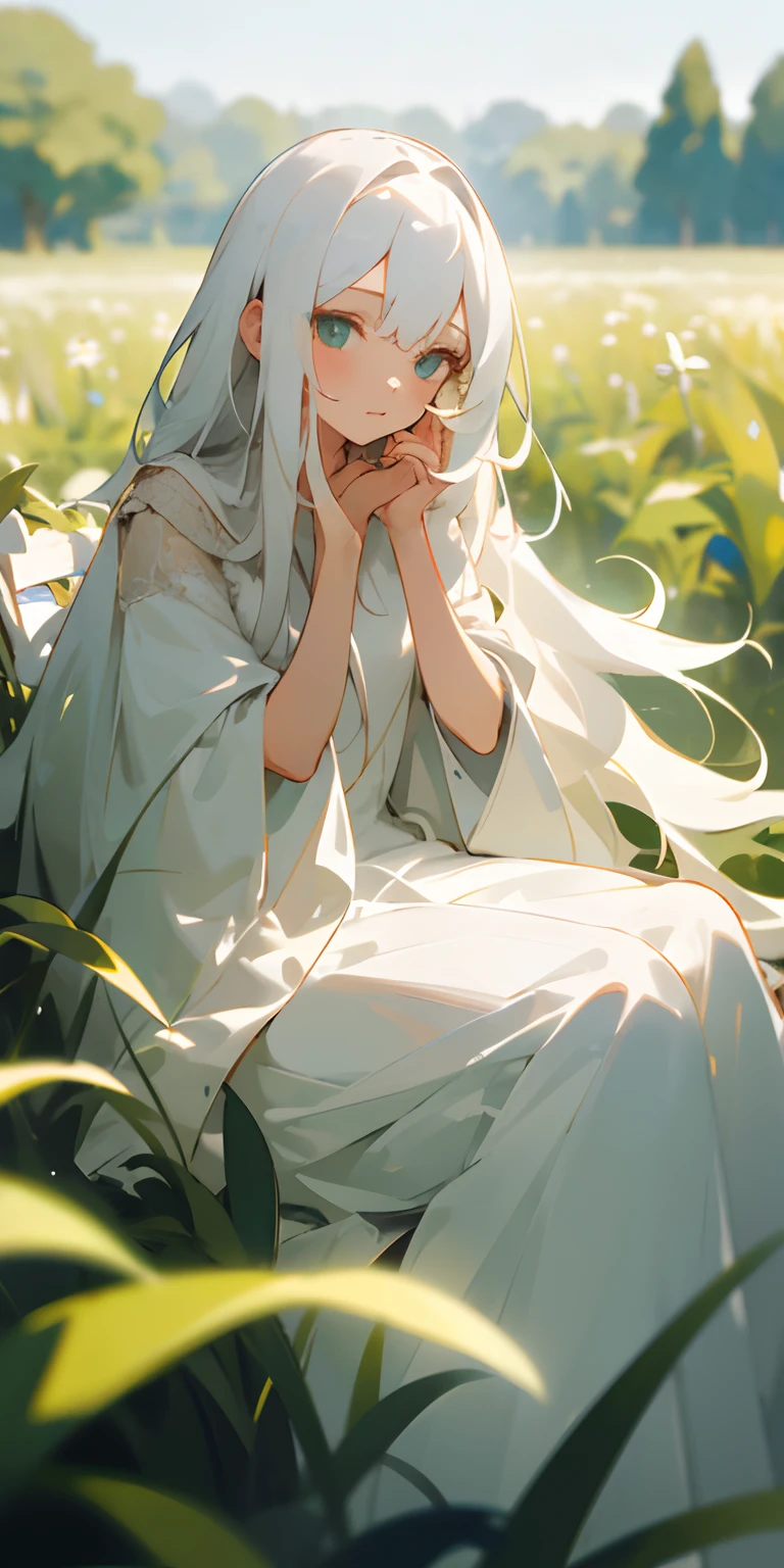 (masterpiece, best quality),1girl with long white hair sitting in a field of green plants and flowers, her hand under her chin, warm lighting, white dress, blurry foreground