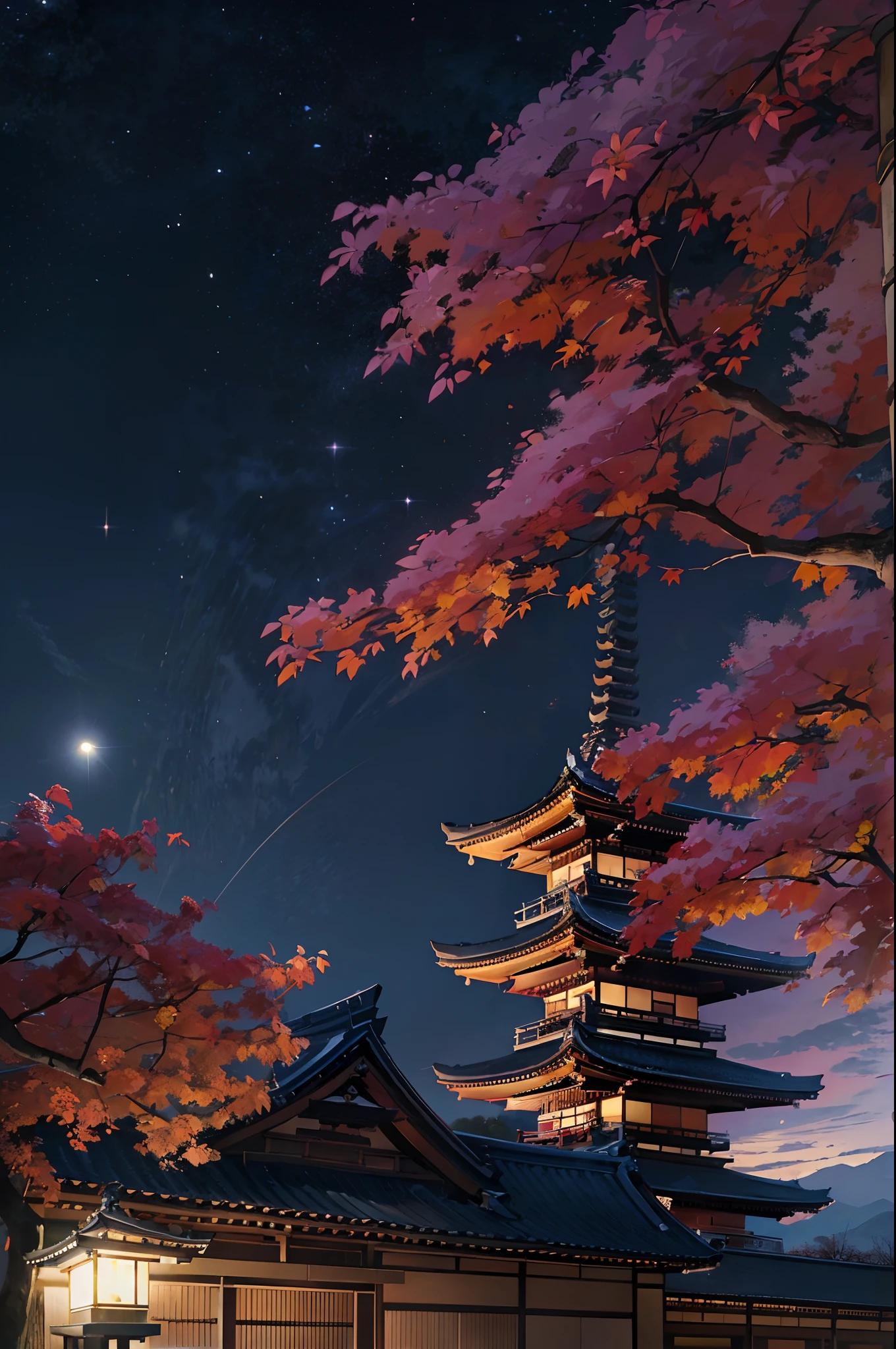 (Official art、Best Quality、Unity 8k Wallpapers、32K、​masterpiece、ultra-detailliert、超A high resolution、realisitic、Photorealsitic:1.2)、(Cinematic lighting:1.2)、Fireglow effect、film grains、Best Shadows、Rim lighting、side lights、(Ultra-detailed and complex 3D rendering)、Detailed beautiful face and eyes、A slender、Medium bust、(Full body:1.2)、(sideshot、Looking away:1.2)、(Mystical、moonlights)、Highly detailed background、beauitful face、a beauty girl、(super detailed skin、detailed skin textures:1.3)、Japan garden、cowboy  shot、Tree with red leaves on tower background々, Japan at night, japan sightseeing, japan deeper travel exploration, japanese temples, pagoda, during night!!, set at night, during night!, けもの, Vivid!!, japanese city at night, full - view, ancient japanese architecture, by Torii Kiyomasu II, november, kyoto japan setting