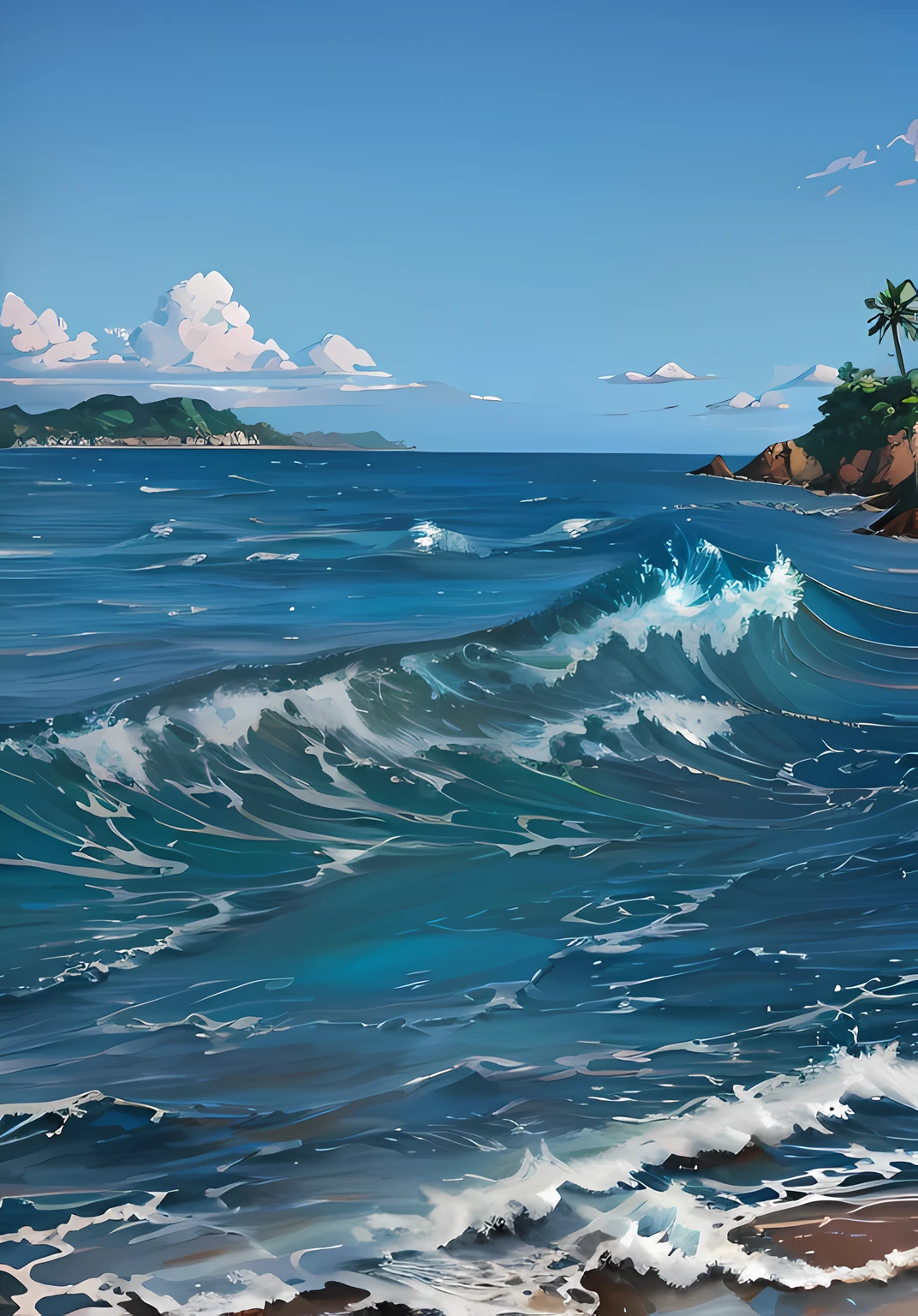 painting of a wave breaking on a beach with a small island in the background, realistic ocean, highly detailed digital painting, very detailed digital painting, digital painting highly detailed, an oil painting. wave, azure waves of water, high detail digital painting, realistic water, gorgeous digital painting, high quality digital painting, detailed digital painting, beautiful digital painting, stunning digital painting