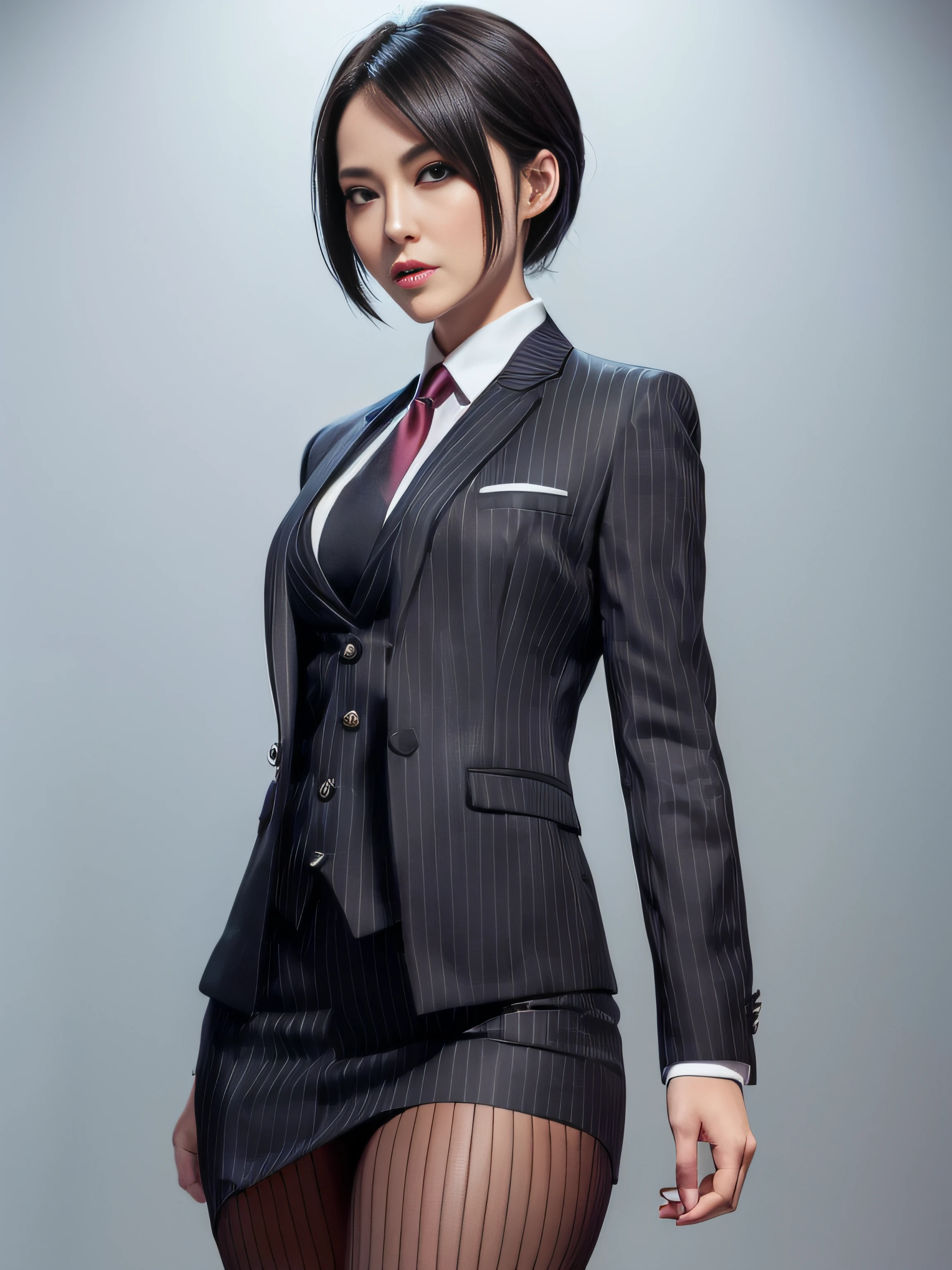 1 woman, ada wong, fully clothed, skirt suit, suit and tie, (((bthree-piece suit))), silk dress shirt, shirt and tie, necktie, ((blazer)), ((suit jacket)) ((waistcoat)), bodycon miniskirt, pantyhose, tights, stockings, ((pinstripe suit)), high heels, tie clip, pocket square, tailored suit, (((cufflinks)))