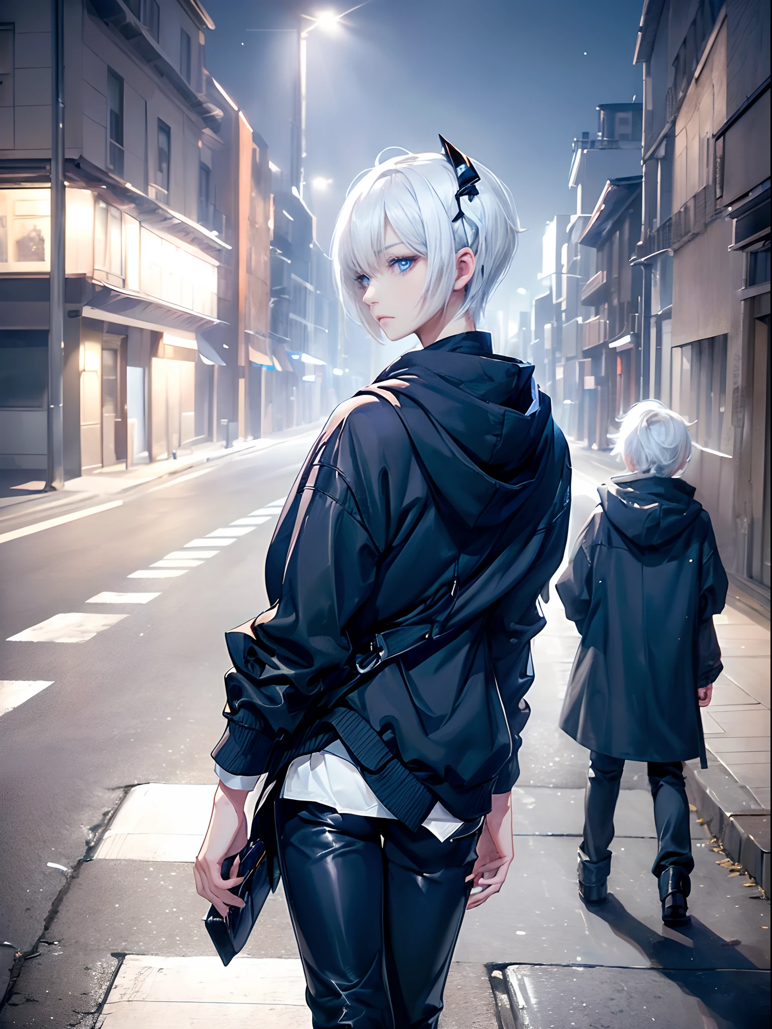 ((4K works))、masterpiece、(top-quality)、One Beautiful Girl、Slim body、tall、((Black Y-shirt and white pants、Charming street style))、Please wear one jacket、Wearing a hood to hide his face、(Detailed beautiful eyes)、Midnight Walk、During the walk、Walking under a dark sky、saddened、suffocating、desolate、solitude、Unhappy、((Face similar to Carly Rae Jepsen))、((Short-haired white hair))、((Smaller face))、((Neutral face))、((Bright blue eyes))、((American adult women))、((Adult female 26 years old))、((cool lady))、((Like a celebrity))、((Korean Makeup))、((elongated and sharp eyes))、((Happy dating))、((boyish))、Professional Photos、((Shot alone))、((He is on a walk))、((He is walking in front of the viewer))、((shot from back))、((photographed from the back))、((Shot so that the back of the head is visible))、((He walking forward))