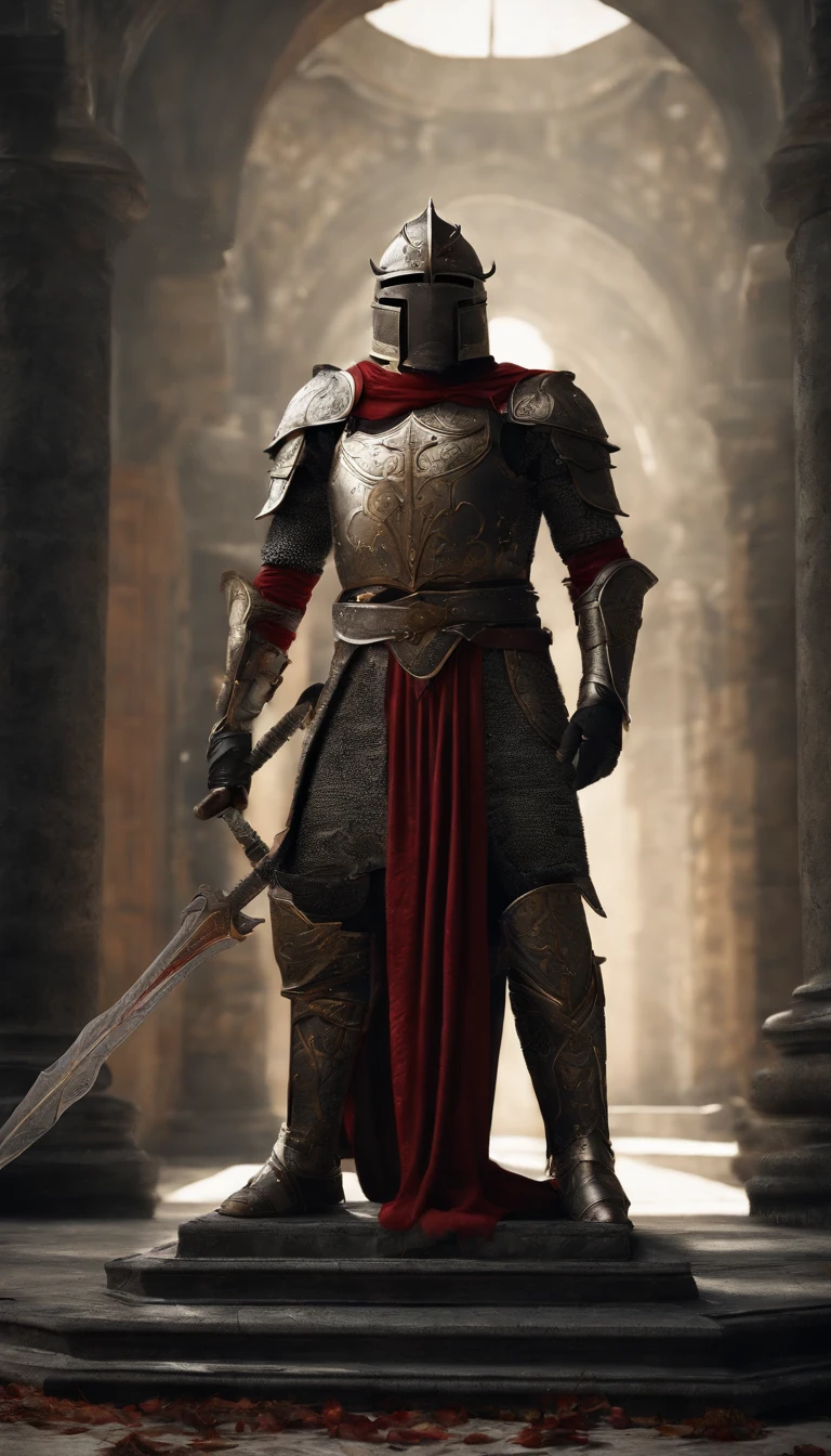 (Best quality,4K,8K,A high resolution,Masterpiece:1.2),Ultra-detailed,(Realistic,Photorealistic,photo-realistic:1.37),A sword-wielding demon armor warrior stood in the hall, Full body portrait of the mysterious knight, Wearing heavy armor,A sacred warrior wielding a legendary sword, Mythical warriors in full-body armor, A golden knight with divine armor, The helmet is decorated with the devil's horns, The eyes glow blood-red, Concept art for glorious figures, Crimson Armor Knight, Epic Paladin armor, Holy medieval knight, Kneel on one knee, Blades embedded in the earth, submission, Full body shot.