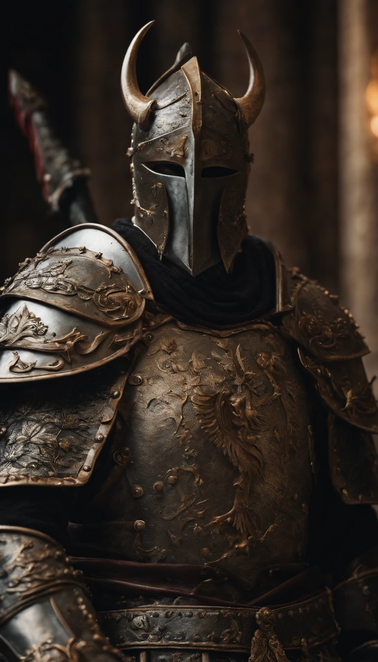 (Best quality,4K,8K,A high resolution,Masterpiece:1.2),Ultra-detailed,(Realistic,Photorealistic,photo-realistic:1.37),A sword-wielding demon armor warrior stood in the hall, Full body portrait of the mysterious knight, Wearing heavy armor,A sacred warrior wielding a legendary sword, Mythical warriors in full-body armor, A golden knight with divine armor, The helmet is decorated with the devil's horns, The eyes glow blood-red, Concept art for glorious figures, Crimson Armor Knight, Epic Paladin armor, Holy medieval knight, Kneel on one knee, Blades embedded in the earth, submission, Full body shot.