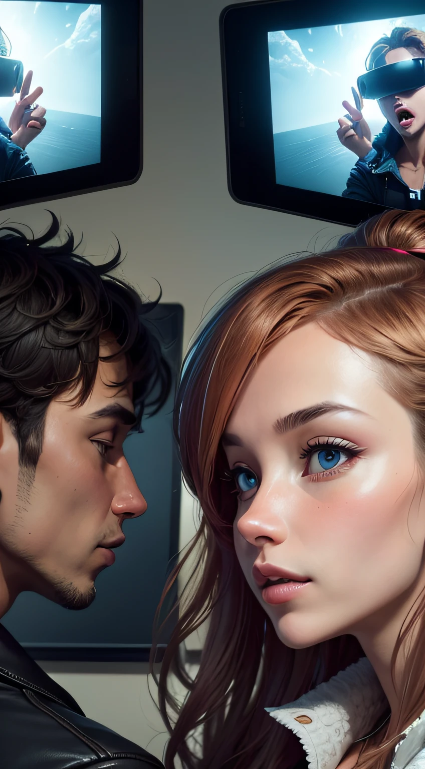 Imagine a couple on a video call, both donning virtual reality headsets. Create an image of them exploring a fantastical digital world together, symbolizing how technology can bring shared adventures to life