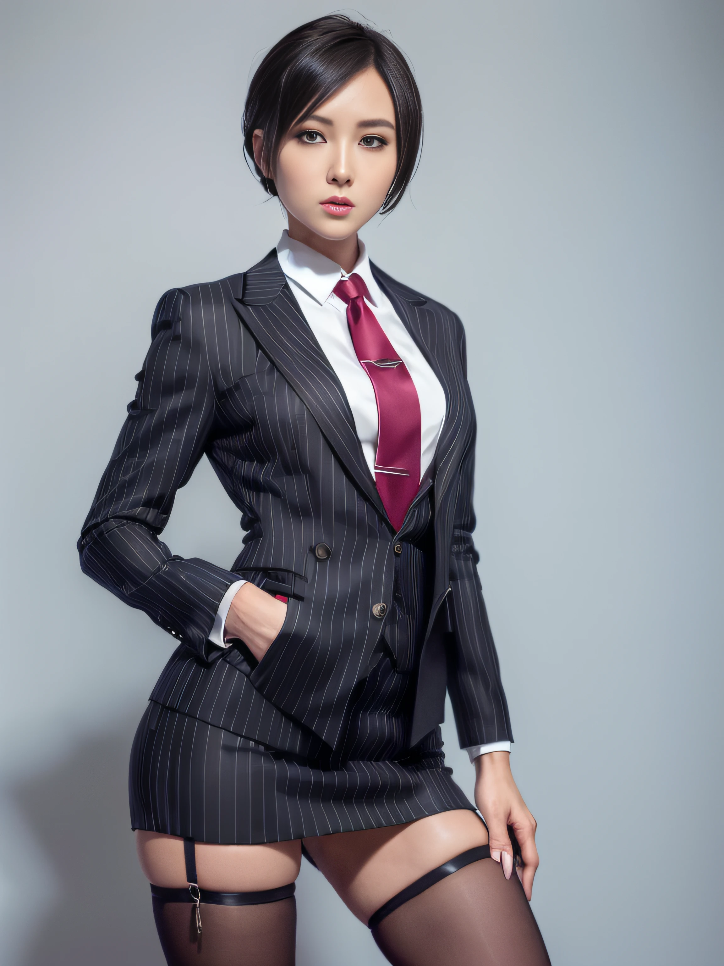 1 woman, ada wong, fully clothed, skirt suit, suit and tie, (((bthree-piece suit))), silk dress shirt, shirt and tie, necktie, ((blazer)), ((suit jacket)) ((waistcoat)), ((bodycon miniskirt)), pantyhose, tights, stockings, ((pinstripe suit)), high heels, tie clip, pocket square, tailored suit, (((cufflinks)))