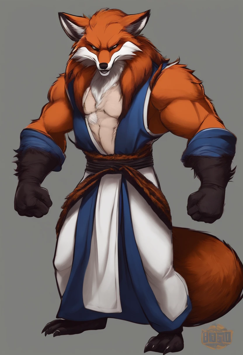 Fox Head, rosto agressivo, dentes a mostra, corpo de homem negro, Judo fighter costume, Fighting pose with one of the claws in your hands, 1,80 de altura, furry arms, 8k