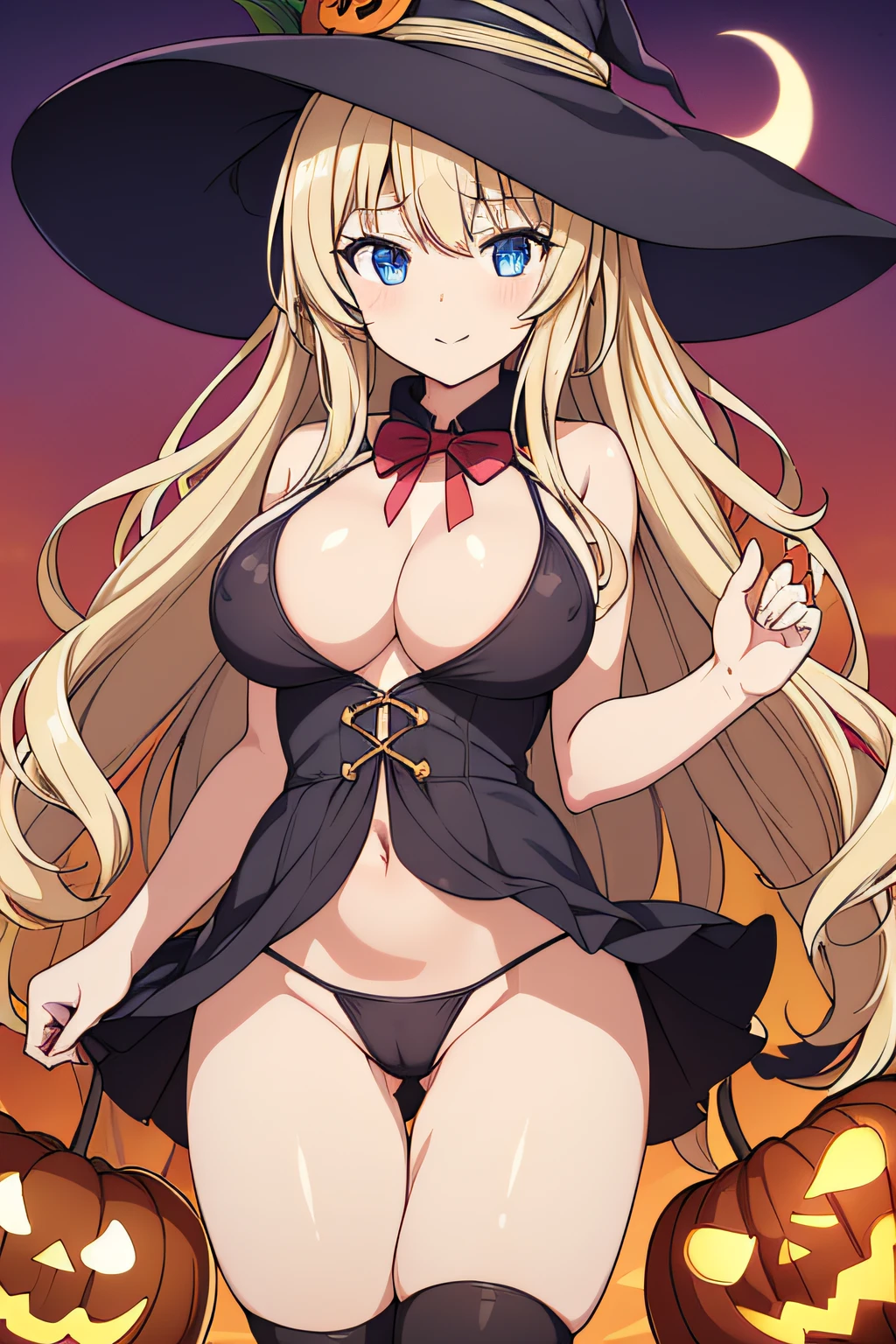high-level image quality、top-quality、Beautuful Women、1 persons、ssmile、embarassed expression、pony tail hair、swim wears、knee high、Halloween Party、Halloween Cosplay、cinematlic lighting、Beautiful and perfect legs, Clean and perfect hands、Lots of jack-o'-lanterns,large full breasts, ((1 Beautiful Witch)), ((Blonde hair, long wavy hair with bangs,,,,,,,,,,,,,,,,,,)) (((Witch 1 person, Soio))) )) ((sixteen years old)) blue eyes, Have a very sexy body, Narrow waist, And a very sexy body,(thighs thighs thighs thighs:1.45)、(large full breasts:1.4)、(barechested:1.1)