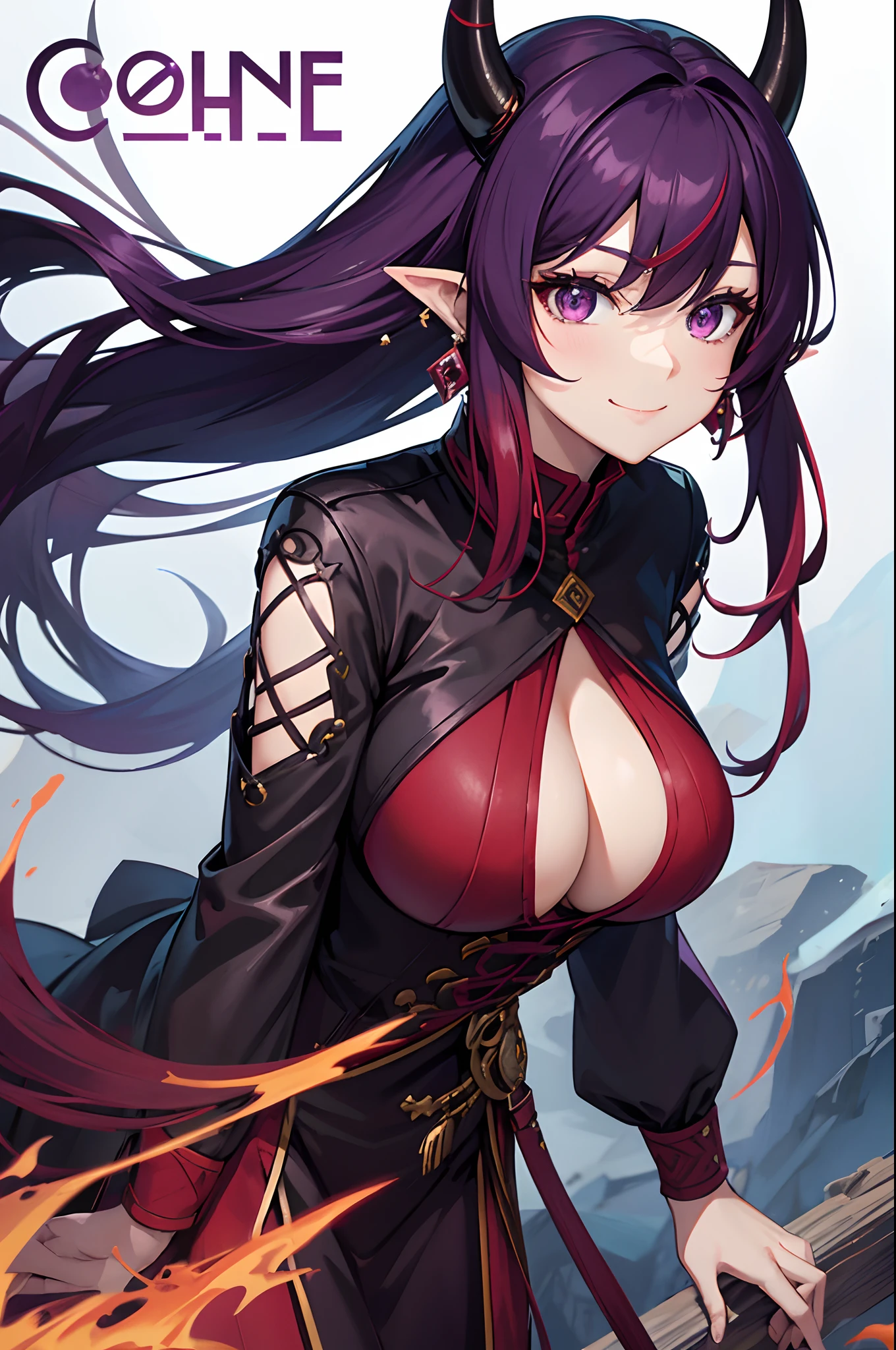 Cover magazine, anime, adult woman, solo, long hair, red hair, purple eyes, two horn, dragon horn, black horn, complex horn, dragon woman, model, beautiful, fantasy, Casual clothes. Hair accessories. Unusual hairstyles. Earrings. Smile. Greeting. Sharp ears. Big breast.