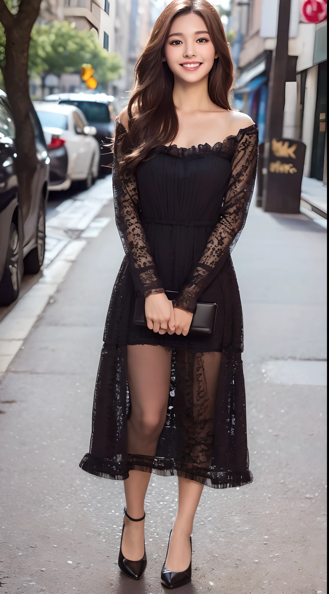 ((Best quality, 8k, Masterpiece :1.3)), 1girl, smiling, full body, slim face, Pretty woman, (Dark brown hair), full length dress :1.1, Ultra-detailed face, Detailed eyes, Double eyelid, blur background, slim face, city, outside, street,