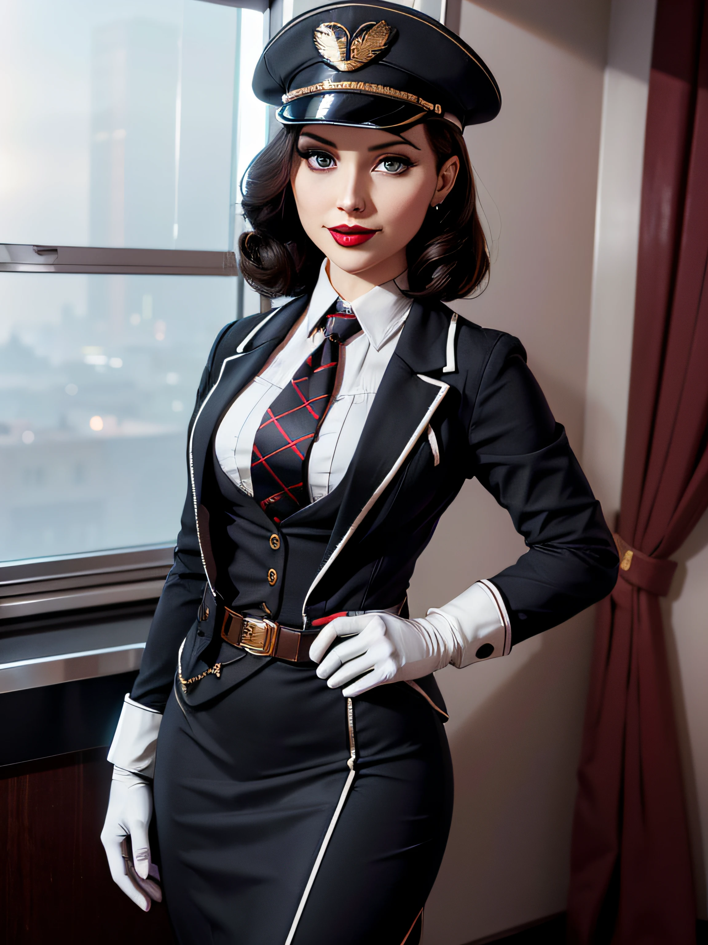 Elizabeth comstock, Portrait, smiling a viewer, (dessous), red lipstick, at detectives office, noire (8k, RAW photo, best quality, masterpiece:1.2),ultra-detailed, (high detailed skin:1.2), 8k uhd, dslr, soft lighting, high quality, fully clothed, pencil skirt, flight attendant, stewardess, (((necktie))), (((skirt suit))), (((white gloves))), (((blazer))), (((suit jacket))), (((waistcoat))), (((belt))), 1 girl, (((flight attendant cap)))