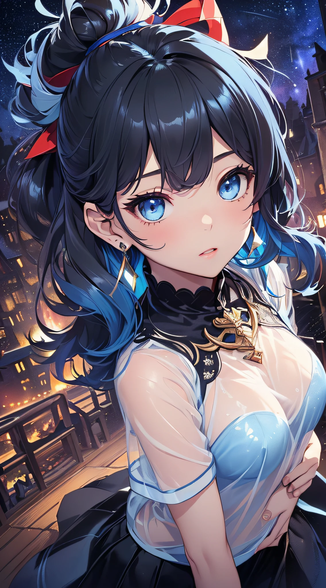 top-quality、Top image quality、masterpiece、girl with((cute little、18year old、Best Bust、Medium bust、Bust 85,Beautiful blue eyes、Breasts wide open,Black Short Sleeve T-Shirt、White see-through、Black short skirt、Ponytail with black hair、Beautiful blue earrings、A slender、Blue hair mesh、、Leaning forward、Poses that emphasize breasts、Drunk、Being drunk、Close to your audience、Kamimei、Angle from above))hiquality、Beautiful Art、Background with((Red and blue lighting、Planetarium Town、Beautiful starry sky、Illumination Town)),masutepiece、Elaborate design、visualart、depth of fields、The best lighting、highestdetailed、8k