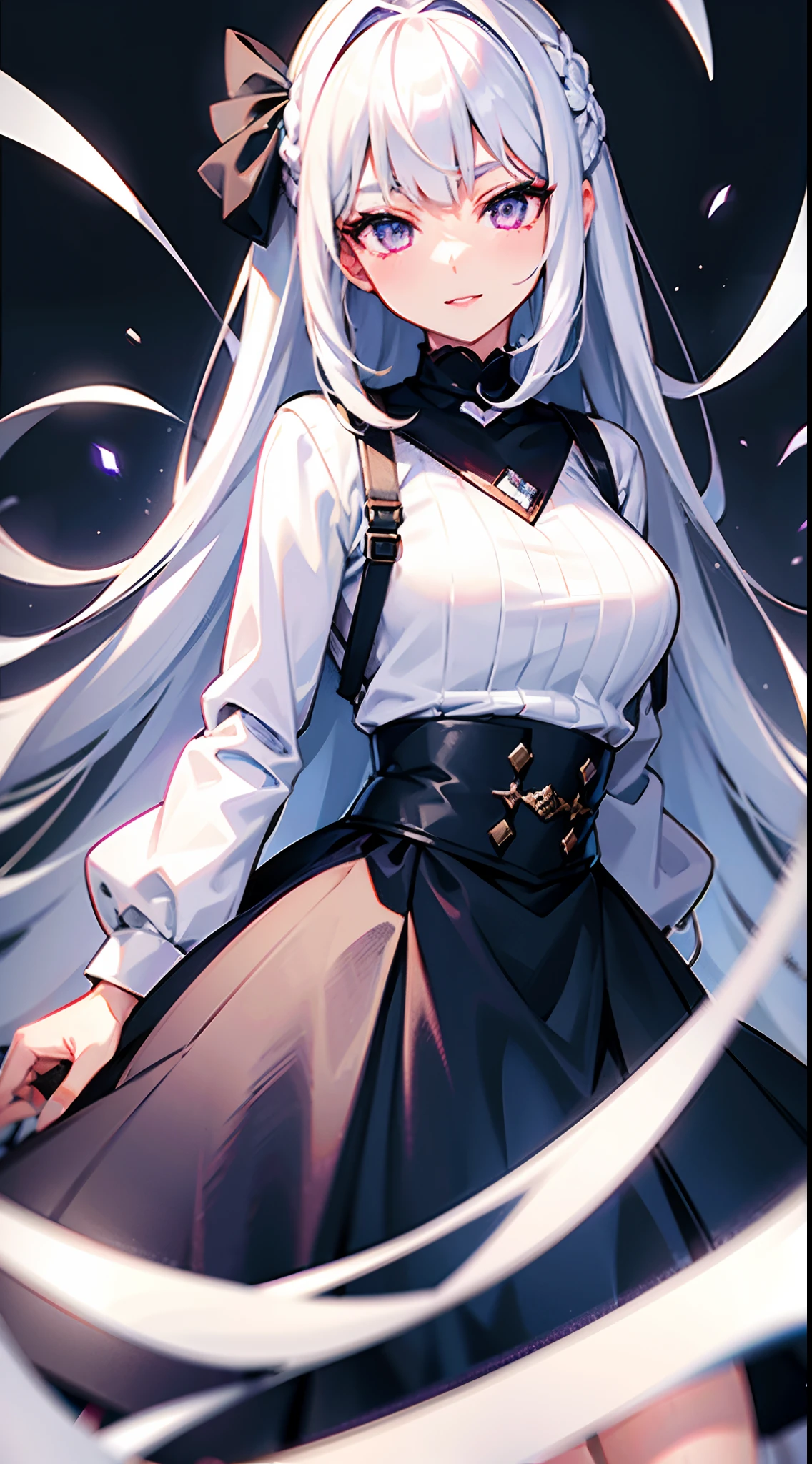 white hair、long、Upstyle、land mines、a black skirt、(1girl in)、white hair、Lilac glowing eyes、A slight smil、Parted lips、White sweater、