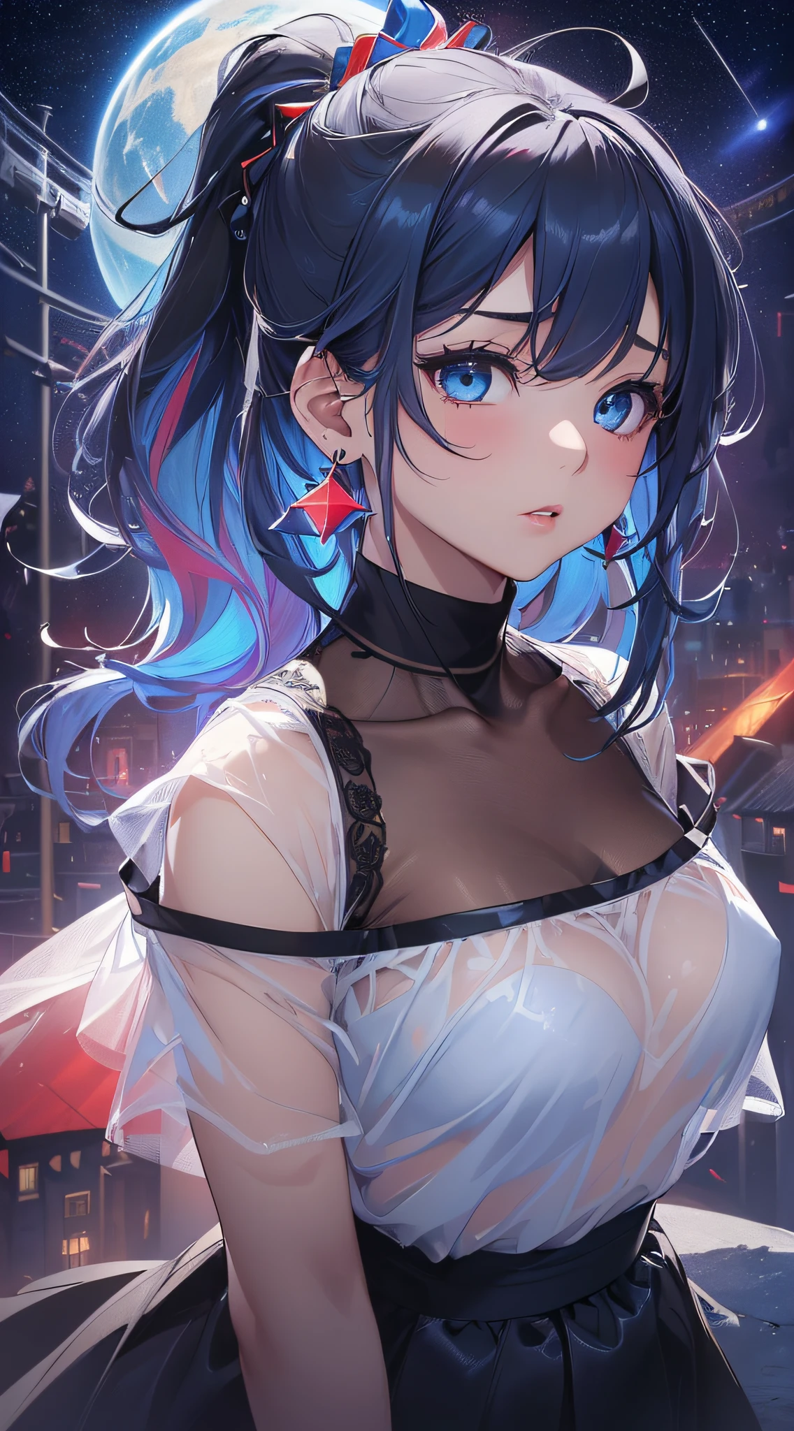 top-quality、Top image quality、masterpiece、girl with((cute little、18year old、Best Bust、Medium bust、Bust 85,Beautiful blue eyes、Breasts wide open,Black Short Sleeve T-Shirt、White see-through、Black short skirt、Ponytail with black hair、Beautiful blue earrings、A slender、Blue hair mesh、、Leaning forward、Poses that emphasize breasts、Drunk、Being drunk、Close to your audience、Kamimei、Angle from above))hiquality、Beautiful Art、Background with((Red and blue lighting、Planetarium Town、Beautiful starry sky、Illumination Town)),masutepiece、Elaborate design、visualart、depth of fields、The best lighting、highestdetailed、8k