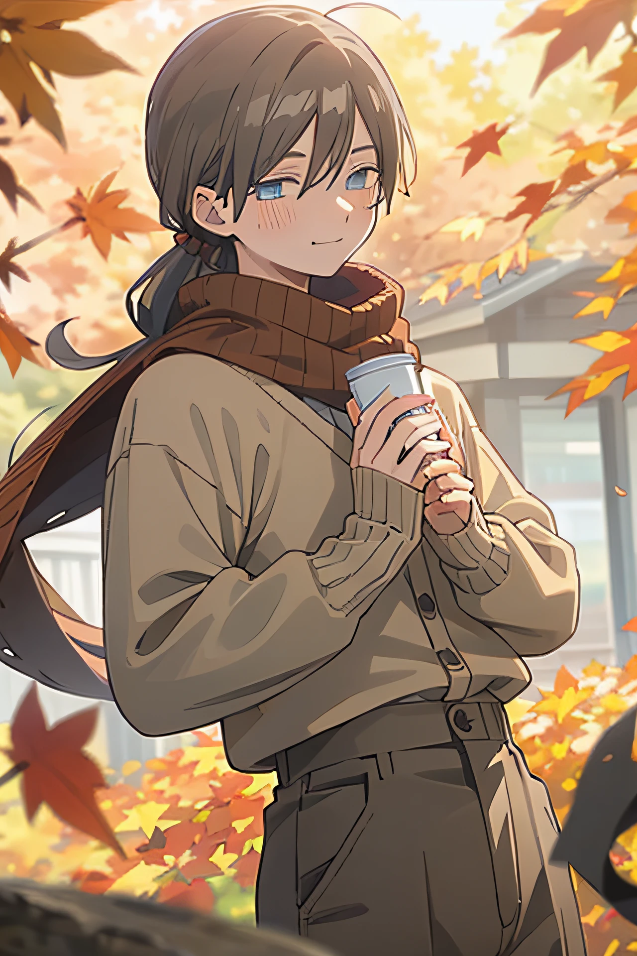 1boys, Hold a disposable cup, (Naughty face:1.3), (Seductive smile:1.2), Autumn leaves, sweeping bangs, (bobbed long hair:1.2), Blush, Gray-blue eyes, Brown hair, Brown scarf, Taupe trousers, Cardigan, Falling leaves, Black beanie, leafs, Long sleeves, view the viewer, Open cardigan, Culottes, puffy long sleeves, Red sweater, shirt tucked in, Lift your pants, Solo, Sweater, White shirt, The background is blurred out, Extremely detailed, iintricate, Masterpiece