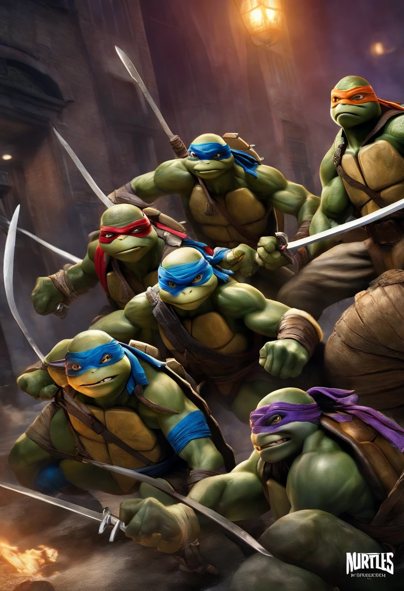 teenage mutant ninja turtles mutant mayhem in action pose facing one direction