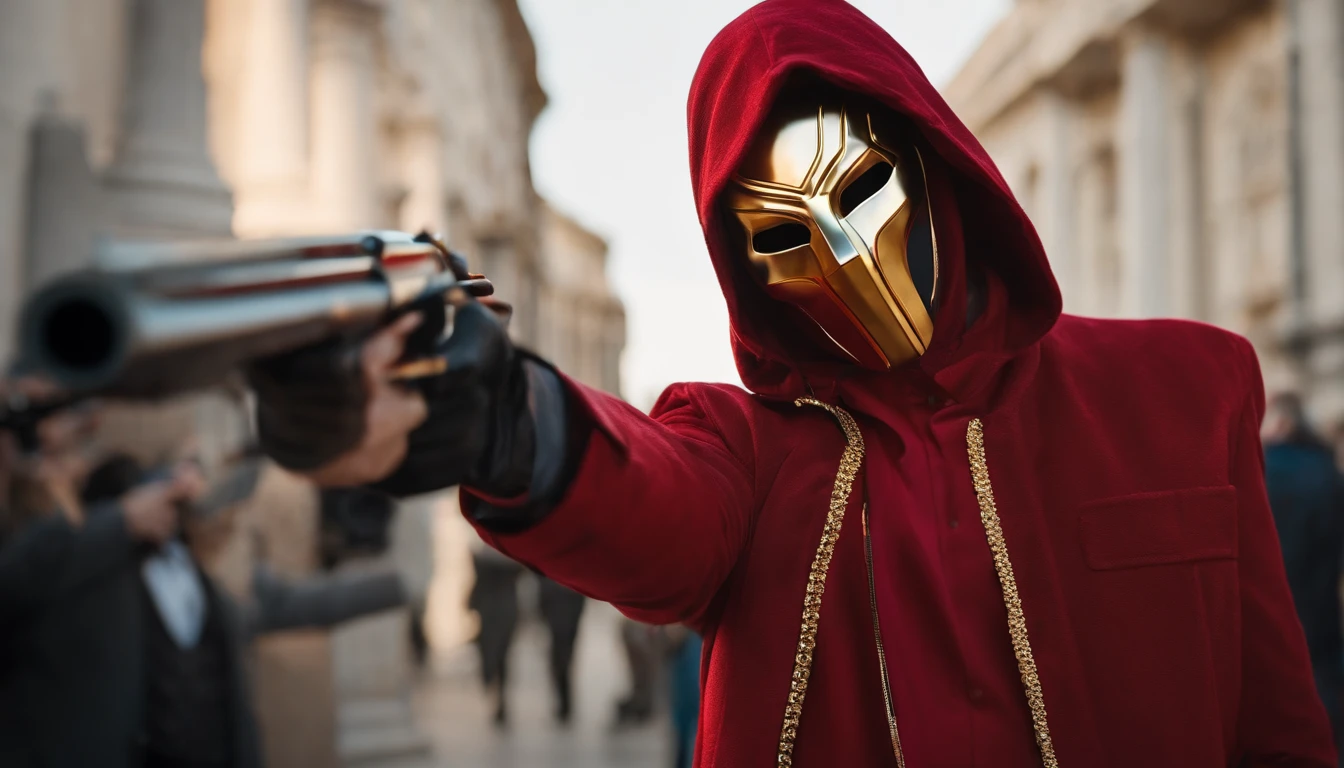 a man wearing a gold mask and a red jacket, anamorphic lenses. high quality, cloth sim, hooded figure, marvel style, shooting, detailed product photo, holding a gun upwards in style