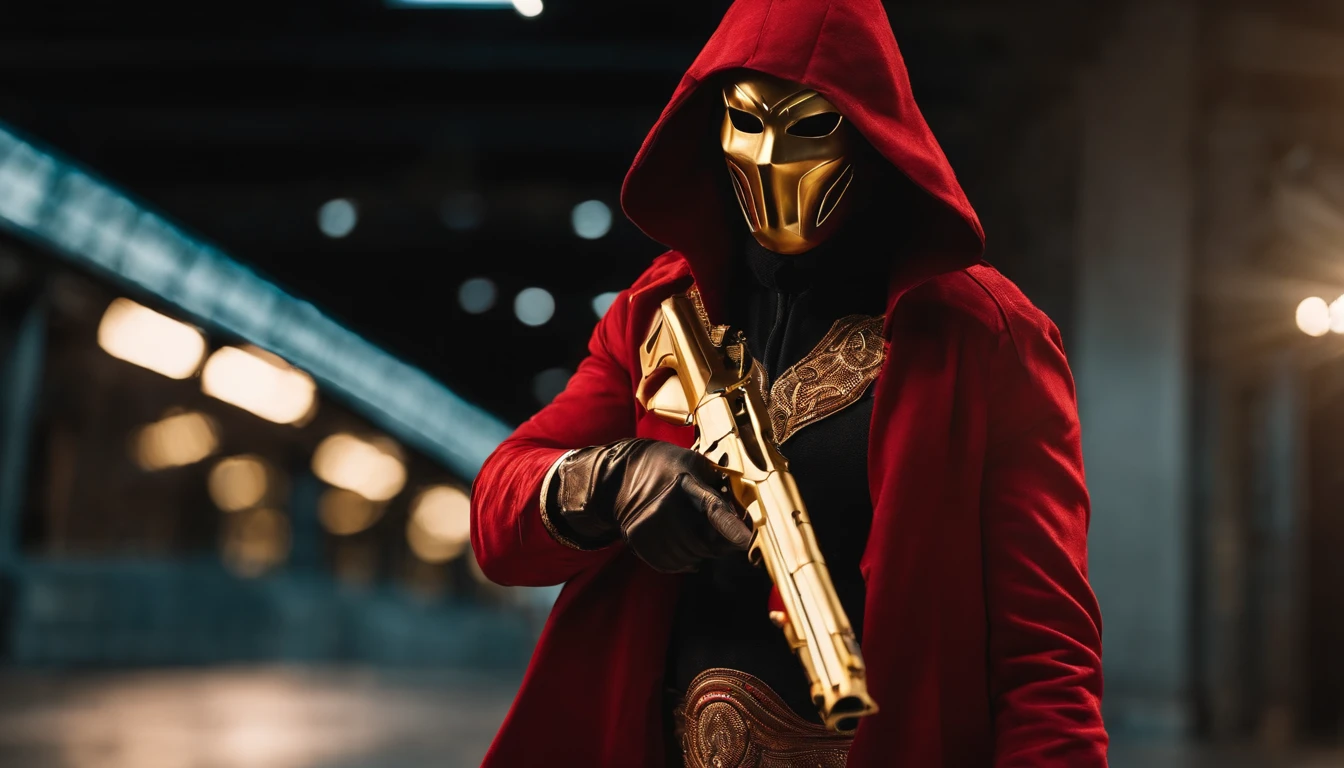 a man wearing a gold mask and a red jacket, anamorphic lenses. high quality, cloth sim, hooded figure, marvel style, shooting, detailed product photo, holding a gun upwards in style