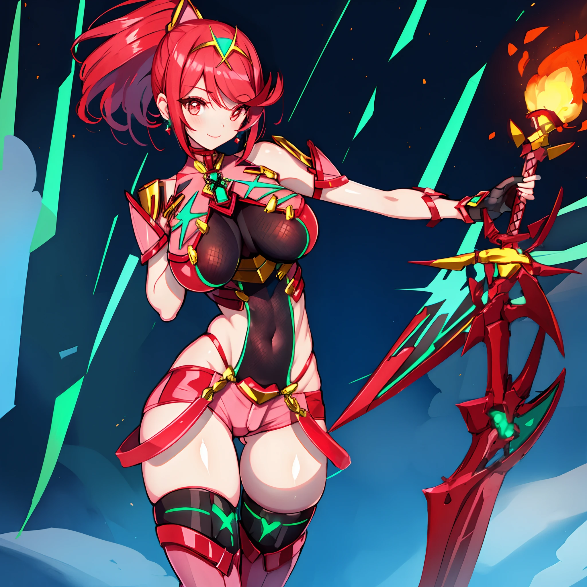 pyra \(xenoblade\), teen_1girl, loli, bangs, black gloves, breasts, red eyes, shout, earrings, eyelashes, fingerless gloves, floating hair, , gem, gloves, hair ornament, headpiece, jewelry, gigantic_breasts, leaning back, swimsuit, neon trim, official art, pose, red hair, saitou masatsugu, short hair, sidelocks, skin tight, solo, swept bangs, thighhighs, tiara, fantasy_town_background, underbust, xenoblade chronicles \(series\), (xenoblade chronicles 2), (spread_legs:1.1), fire_effect,dynamic_pose,fighting,light_smile, (plump:1.1), big_ass,huge_sword, hold_large_sword_hilt, covered_nipples, covered_pussy, fists,ponytail,beautiful_fingers,(solo:1.1), bare_shoulder,(shoulder_naked:1.2), nipple_jewel,back, back_view, focus_ass,ass, (very_short＿shorts:1.3),(lise_leg:1.4)