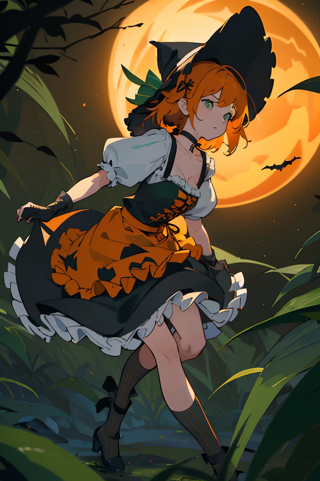 (masterpiece, best quality), (finely detailed beautiful eyes), (finely detailed eyes and detailed face), (scenery: 1.2), (extremely detailed CG, ultra-detailed, best shadow), beautiful concept illustration, (illustration), (extremely fine and beautiful), (perfect details), (depth of field), midele wide shot, 
BREAK (Jack-o'-Lantern), 1 elf girl, solo, little person, elf ears, huge breast, (orange and deep-green theme:1.2), (fusion of witch costume and dirndl:1.3), (black theme:1.1), ((black witch-hat, black pointy hat) with ribbon:1.4), (orange apron over skirt:1.4), (deep-green (ruffle-skirt, multilayer-skirt):1.4), ((bustier, waist cincher):1.3), (white short puff-sleeve:1.3), (deep-green and orange striped-pattern over-knee-socks:1.3), ((black evening-glove, choker, frills):1.2), (black High-heels:1.1), (Halloween print on apron:1.3), 
BREAK (night time:1.2), (big bonfire), (outdoors), (dark forest in the background:1.2), The gentle rustling of leaves in the breeze provided a soothing soundtrack to the serene dark forest ambiance, dynamic pose