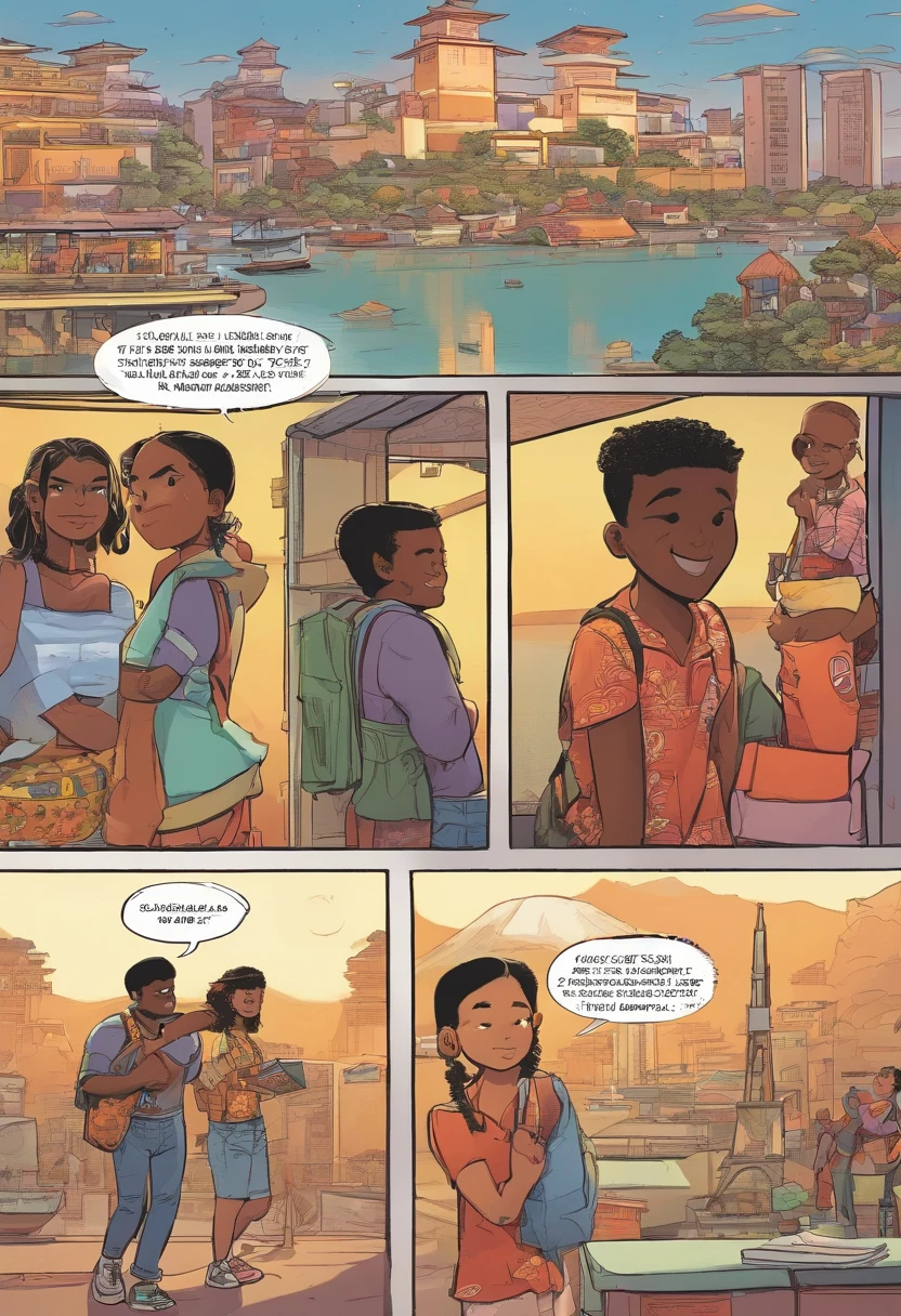 Quadrinhos americanos, The comic is presented in several irregular panels with colors. Japanese girl hugs her black friend, They split up and travel to different countries, eles escrevem cartas
