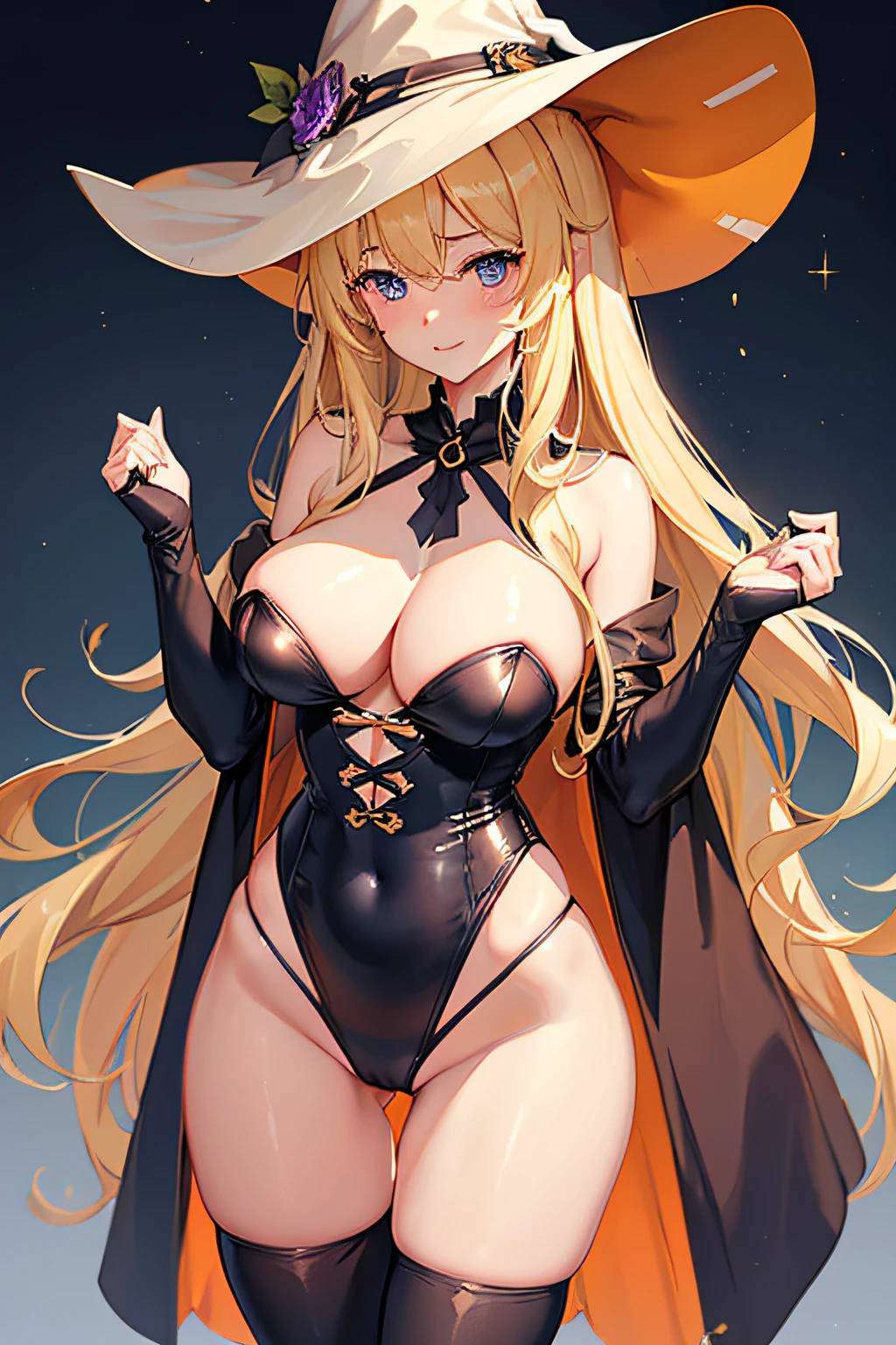 high-level image quality、top-quality、Beautuful Women、1 persons、ssmile、embarassed expression、pony tail hair、swim wears、knee high、Halloween Party、Halloween Cosplay、cinematlic lighting、Beautiful and perfect legs, Clean and perfect hands、Lots of jack-o'-lanterns,large full breasts, ((1 Beautiful Witch)), ((Blonde hair, long wavy hair with bangs,,,,,,,,,,,,,,,,,)) (((1 witch, Soio))) )) (()) blue eyes, Have a very sexy body, Narrow waist, And a very sexy body,(thighs thighs thighs thighs:1.45)、(large full breasts:1.4)、(barechested:1.1)