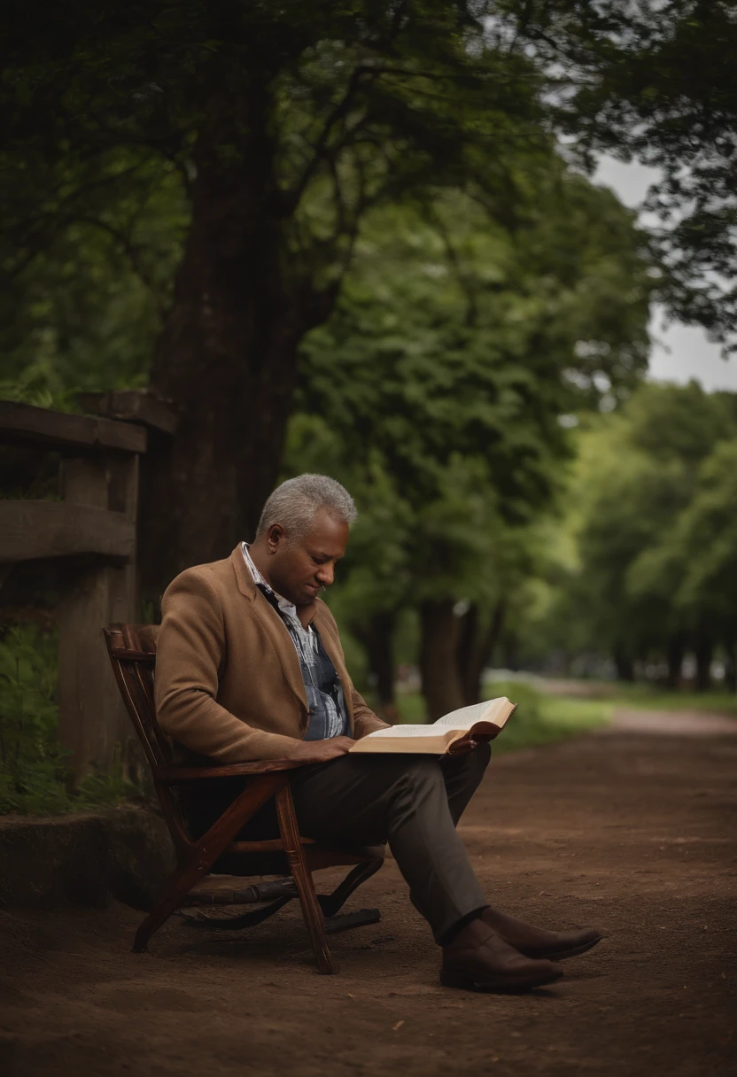 foto realista , There's a man sitting in a chair reading a book, Tomado com Sony Alpha 9, homem triste, imagem de qualidade muito baixa, relaxing after a hard day, Tomada com Canon 8 0 D, entediado, Tiro no iPhone 1 3 Pro Max, resting after a hard fight, Giga Chade chorando, low quality video, Directed by: Nandor Soldier