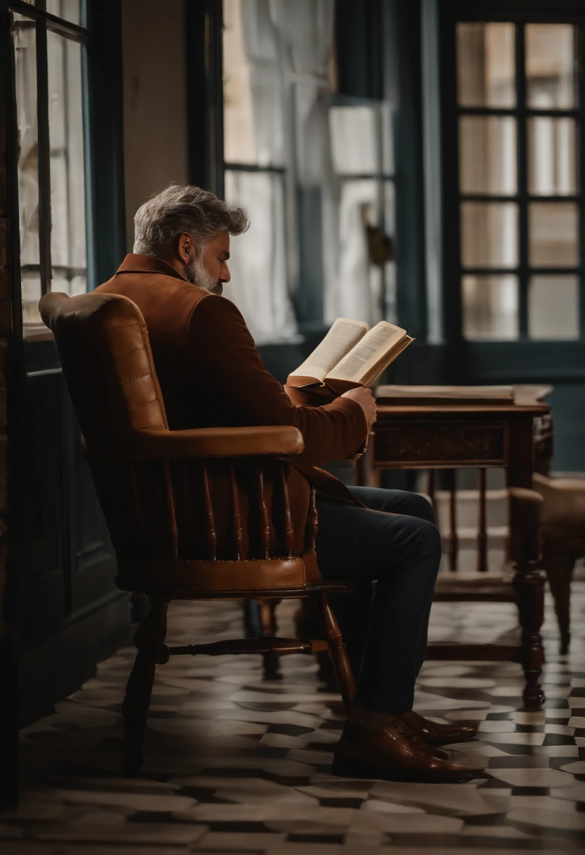 foto realista , There's a man sitting in a chair reading a book, Tomado com Sony Alpha 9, homem triste, imagem de qualidade muito baixa, relaxing after a hard day, Tomada com Canon 8 0 D, entediado, Tiro no iPhone 1 3 Pro Max, resting after a hard fight, Giga Chade chorando, low quality video, Directed by: Nandor Soldier