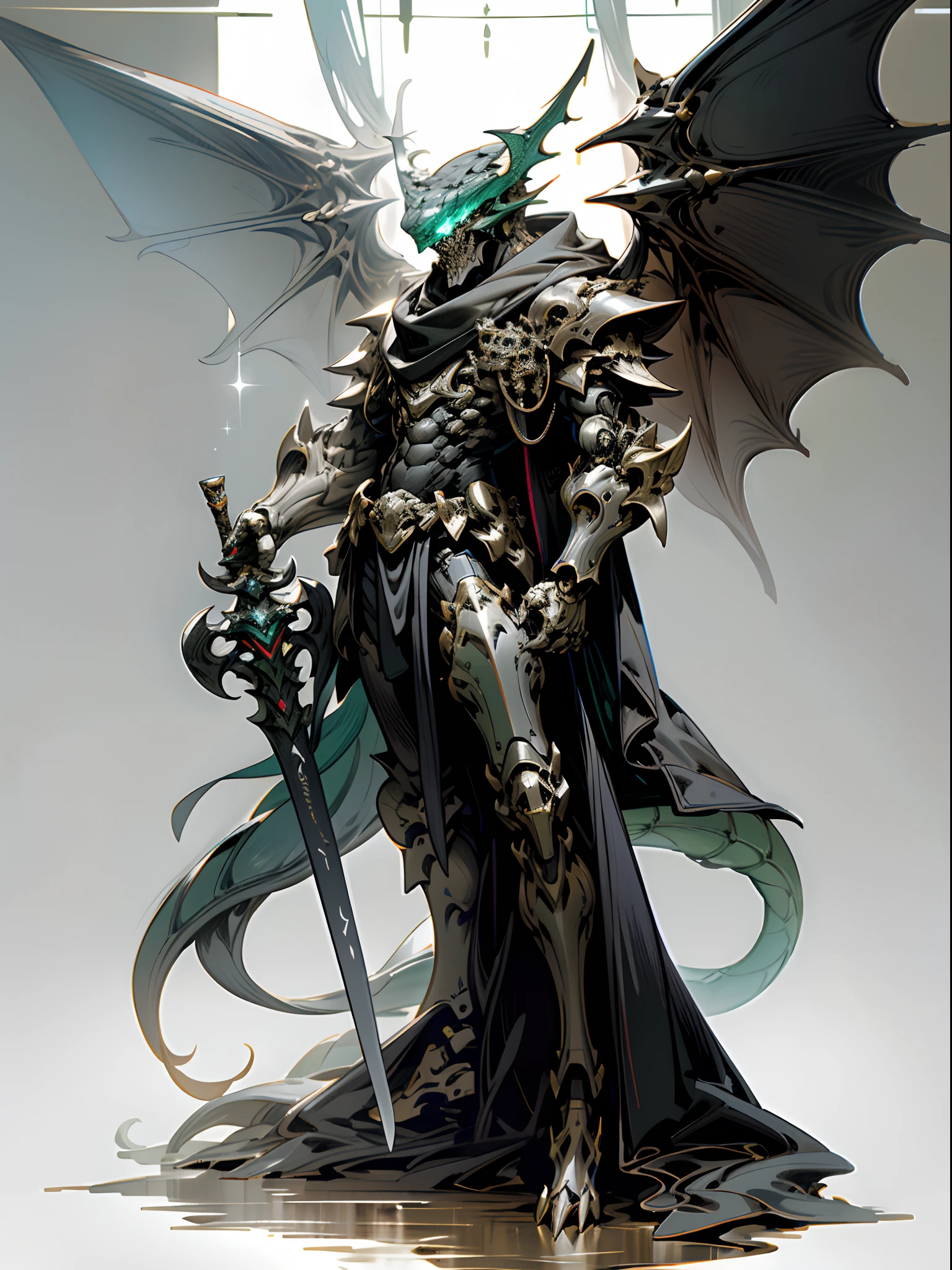Dim background，In the ocean，Fantastic marine forest，The deities，Suspended flight，Cyberpunk,1人,Full body like，Mechanical Wonder,Robotic presence,cybernetic guardians,The Dark Knight Black Mechanical Armor,White glowing stripes， Robust body，Wearing a great sword on his back，Humanoid dragon god，Demon God，Black body，White belly， absolutely stunning art,Wearing a black cloak, Dragon tail，dragon claw，Fleshy dragon feet，Dragon wings，Exquisite mech helmet，loincloth，highest quality art, Highest resolution, ultra - detailed，Fluorescence