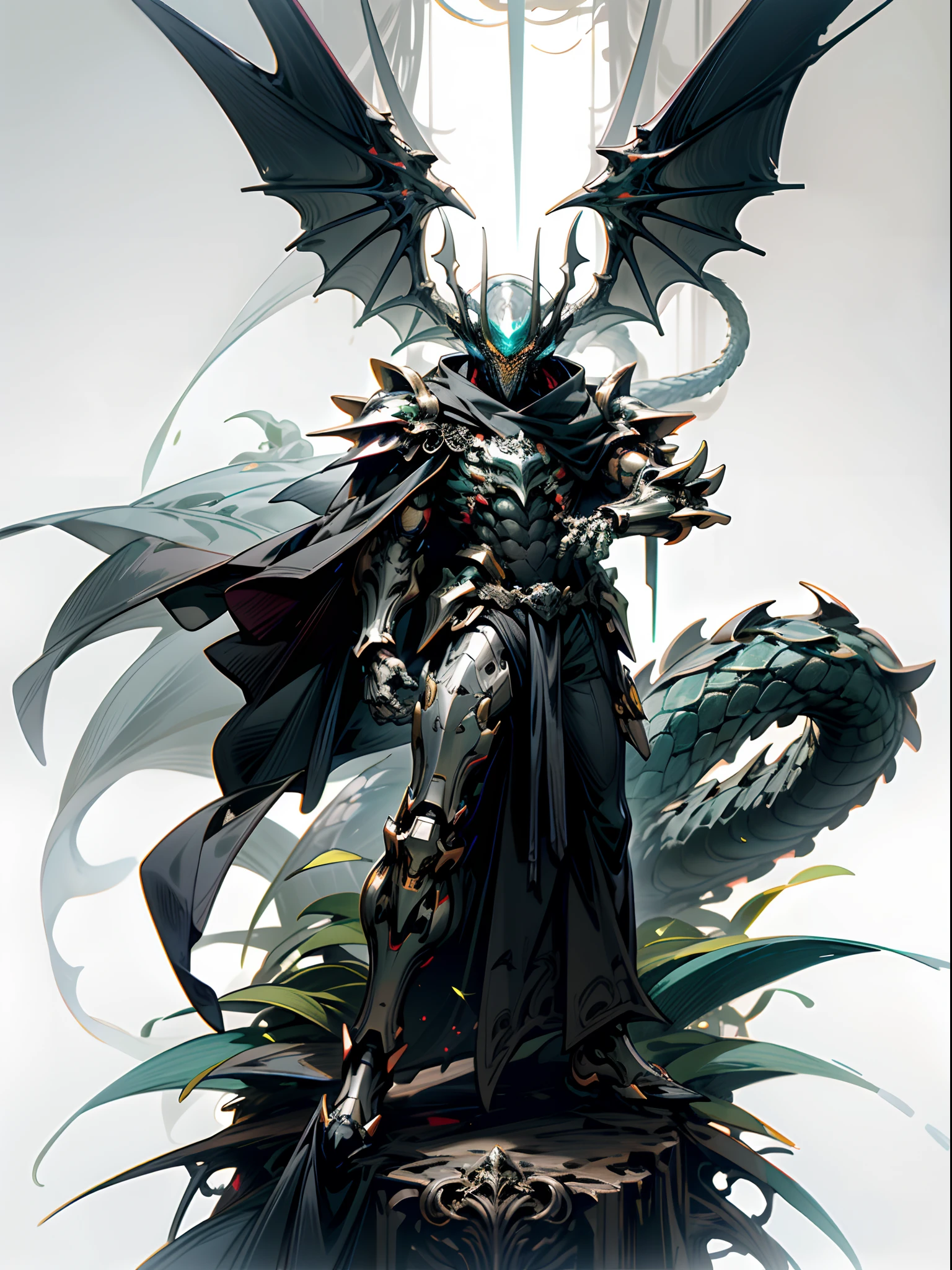 Dim background，In the ocean，Fantastic marine forest，The deities，Suspended flight，Cyberpunk,1人,Full body like，Mechanical Wonder,Robotic presence,cybernetic guardians,The Dark Knight Black Mechanical Armor,White glowing stripes， Robust body，Wearing a great sword on his back，Humanoid dragon god，Demon God，Black body，White belly， absolutely stunning art,Wearing a black cloak, Dragon tail，dragon claw，Fleshy dragon feet，Dragon wings，Exquisite mech helmet，loincloth，highest quality art, Highest resolution, ultra - detailed，Fluorescence