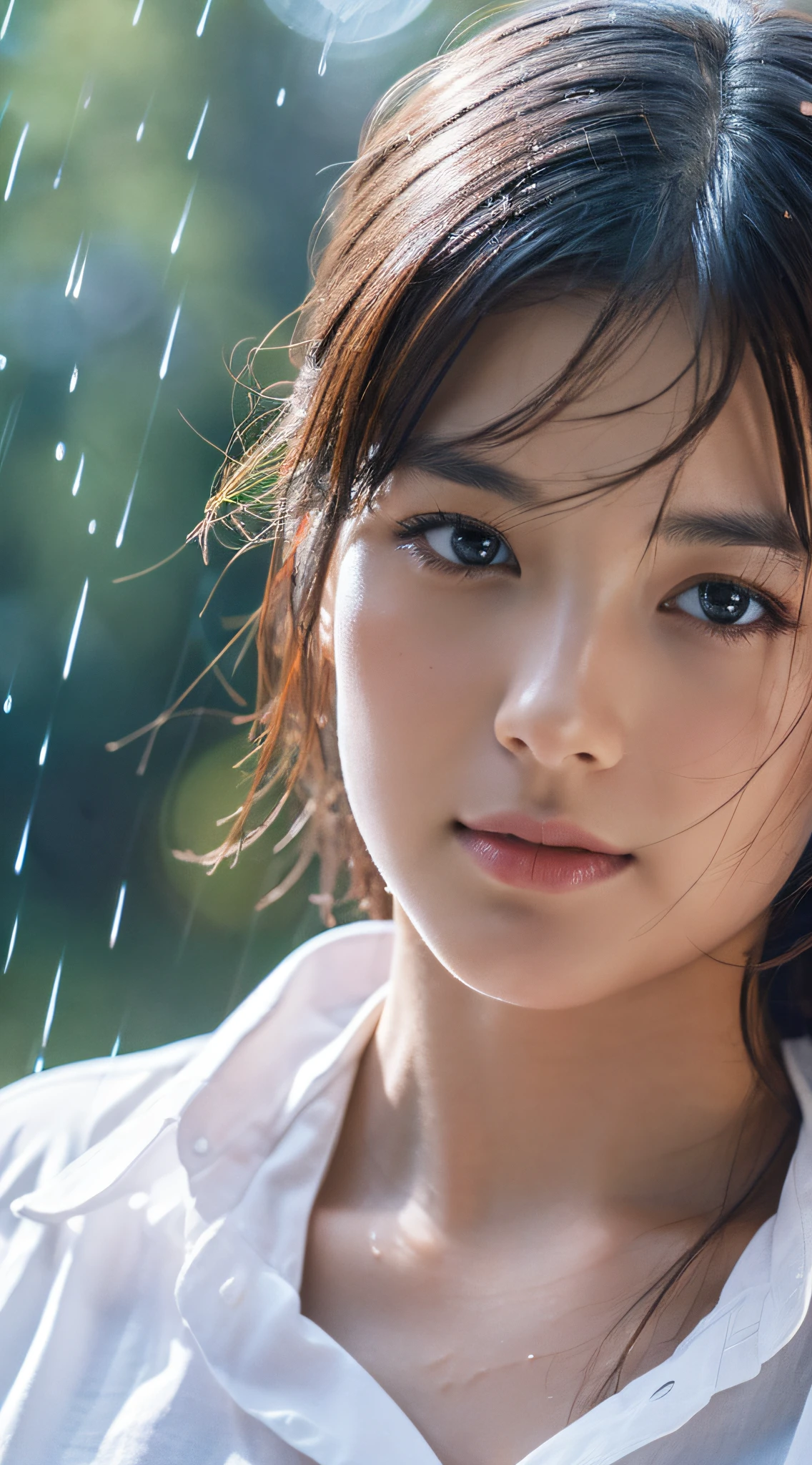 Photorealistic, high resolution, 1woman, Solo, view the viewer, (Detailed face), Naked with white shirt, Rain, beautiful face, half body