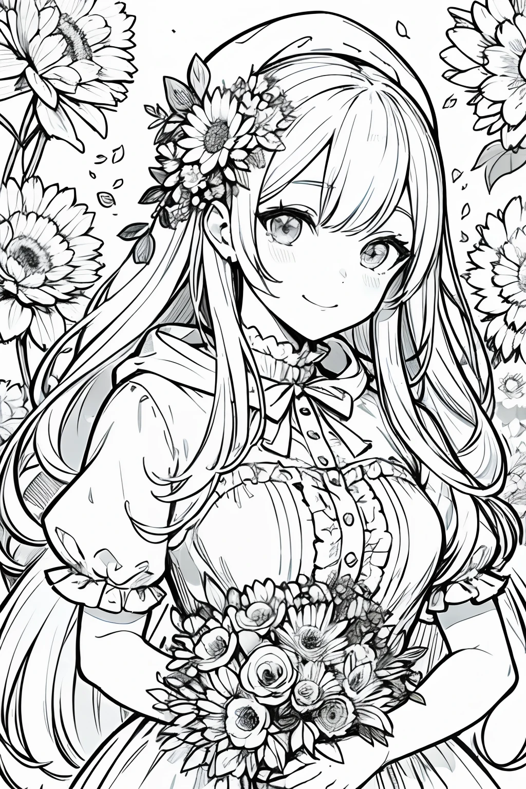 obra maestra, mejor calidad, 1 Barbie happy girl, solamente, Cabello largo, mirando al espectador, sonrisa, flequillo, falda, camisa, mangas largas, sombrero, vestido, arco, participation, boca cerrada, flor, volantes, flor del cabello, flower petals, ramo de flores, Clamping flower, volantes centrales, hood, flower clamping bouquet, campo, flor, castillo, Arte lineal, Monocromo,