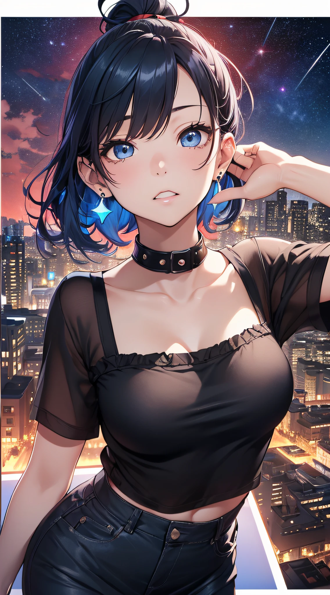 top-quality、Top image quality、masterpiece、girl with((cute little、18year old、Best Bust、Medium bust、Bust 85,Beautiful blue eyes、Breasts wide open,Black Short Sleeve T-Shirt、White see-through、Black short skirt、Ponytail with black hair、Beautiful blue earrings、A slender、Blue hair mesh、、Leaning forward、Poses that emphasize breasts、Drunk、Being drunk、close to viewer、Kamimei、Angle from top、Shy face、dye one's cheeks red))hiquality、Beautiful Art、Background with((Red and blue lighting、Planetarium Town、Beautiful starry sky、Illumination Town)),masutepiece、Elaborate design、visualart、depth of fields、The best lighting、highestdetailed、8k