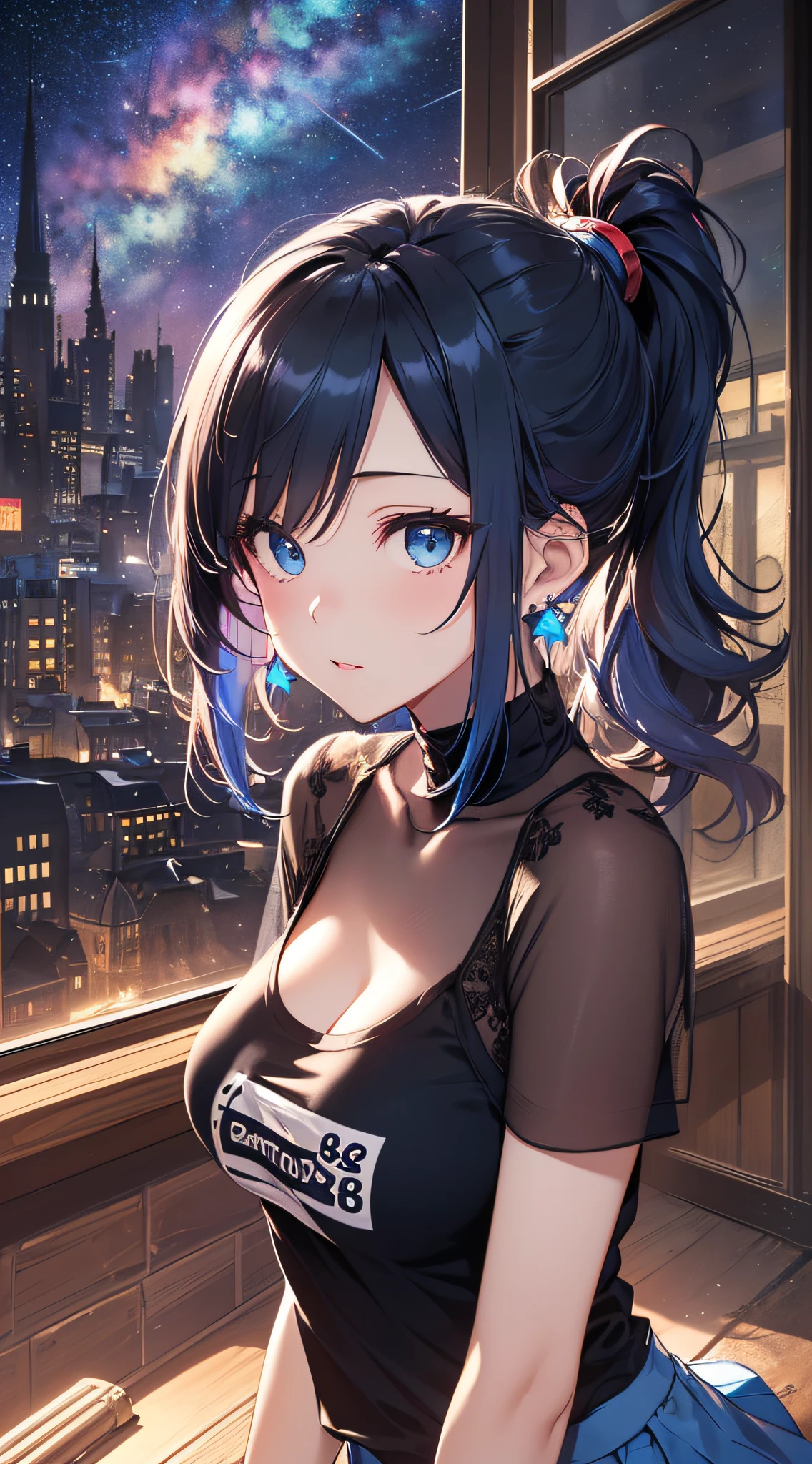 top-quality、Top image quality、masterpiece、girl with((cute little、18year old、Best Bust、Medium bust、Bust 85,Beautiful blue eyes、Breasts wide open,Black Short Sleeve T-Shirt、White see-through、Black short skirt、Ponytail with black hair、Beautiful blue earrings、A slender、Blue hair mesh、、Leaning forward、Poses that emphasize breasts、Drunk、Being drunk、close to viewer、Kamimei、Angle from top、Shy face、dye one's cheeks red))hiquality、Beautiful Art、Background with((Red and blue lighting、Planetarium Town、Beautiful starry sky、Illumination Town)),masutepiece、Elaborate design、visualart、depth of fields、The best lighting、highestdetailed、8k