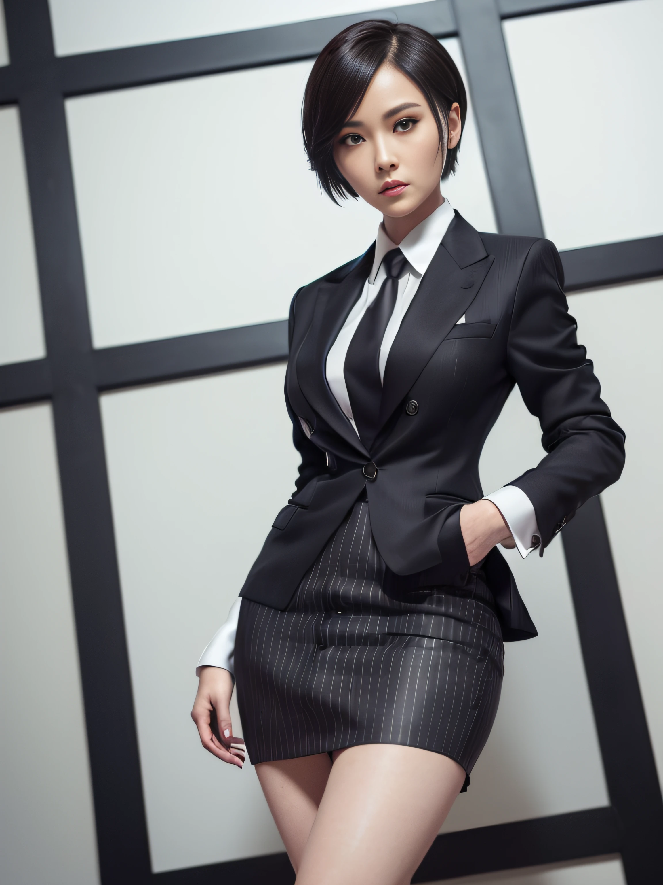 1 woman, ada wong, fully clothed, skirt suit, suit and tie, (((three-piece suit))), silk dress shirt, shirt and tie, necktie, ((blazer)), ((suit jacket)) ((waistcoat)), ((bodycon miniskirt)), pantyhose, tights, stockings, ((pinstripe suit)), high heels, tie clip, pocket square, tailored suit, (((cufflinks))),