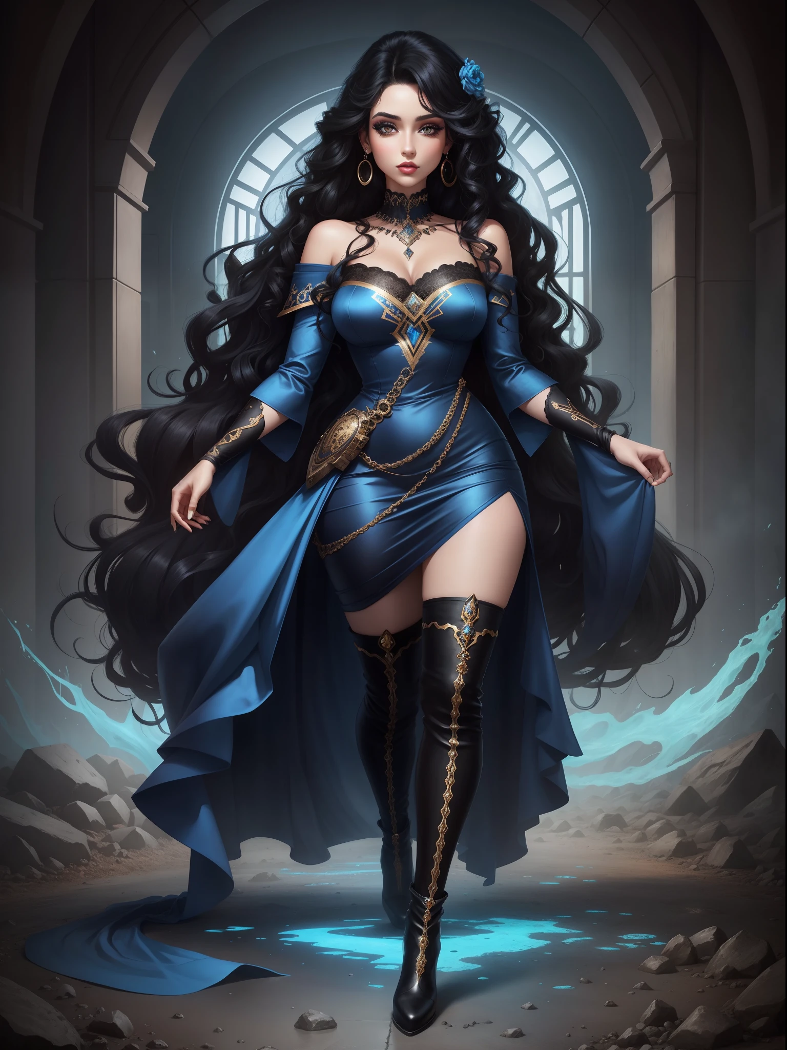 DigiArt Style, looking at viewer, full body, digital art, 1girl, solo, long curly hair, black hair, azur eyes, earrings, full lips, eyelashes, makeup,  jewelry, blue silk dress, boots, wizard, fantasy