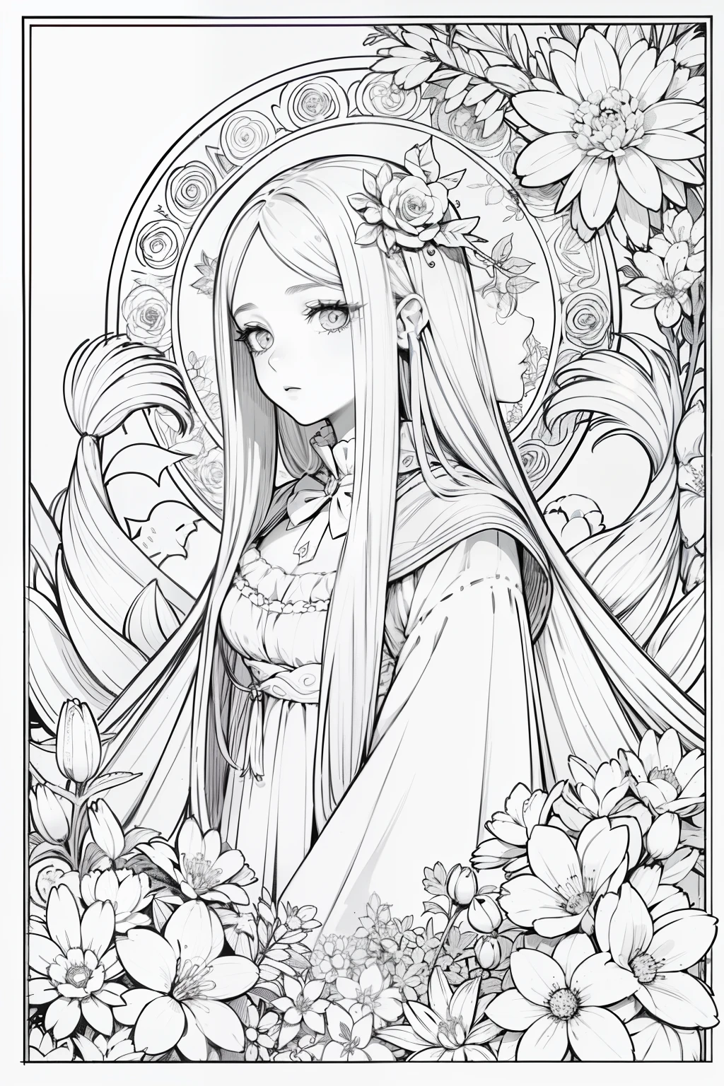 obra maestra, superlativo, Hermosa bruja joven, Femenino , solamente, Halloween lindo , flower line drawing background, fondo blanco, Monocromo, line drawing, ((bosquejo)), espeluznante, Gato blanco con ojos blancos, ojos blancos