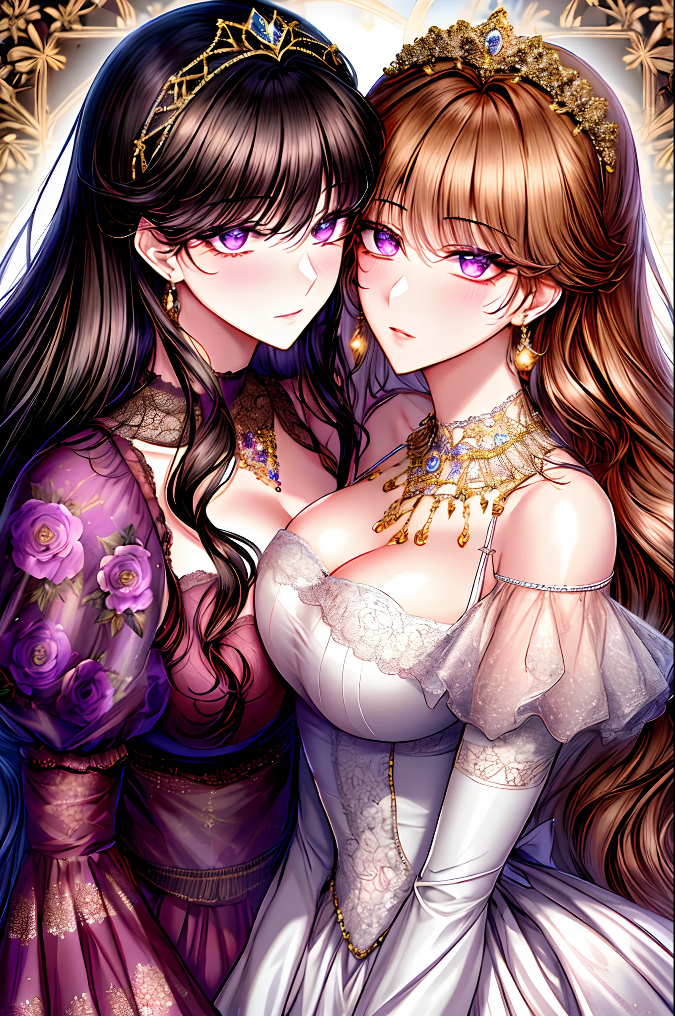 Kuroume_1024, ((shoujo-style, floral background, romance manhwa)), (close up), (2girls aligned:1.2), couple, black hair, brown hair, solo, long hair, flower, dress, thick eyeblows, flower, straight hair, blaid, closed mouth, collarbone, breast, (cleavage), puffy sleeves, white dress, purple dress, elbow gloves, earrings, necklace, (tiara), jewelry, golden, lace trimmed, bow, face focus, teasing, beautiful face, detailed eyes, detailed pupil, looking at viewer, all intricate
