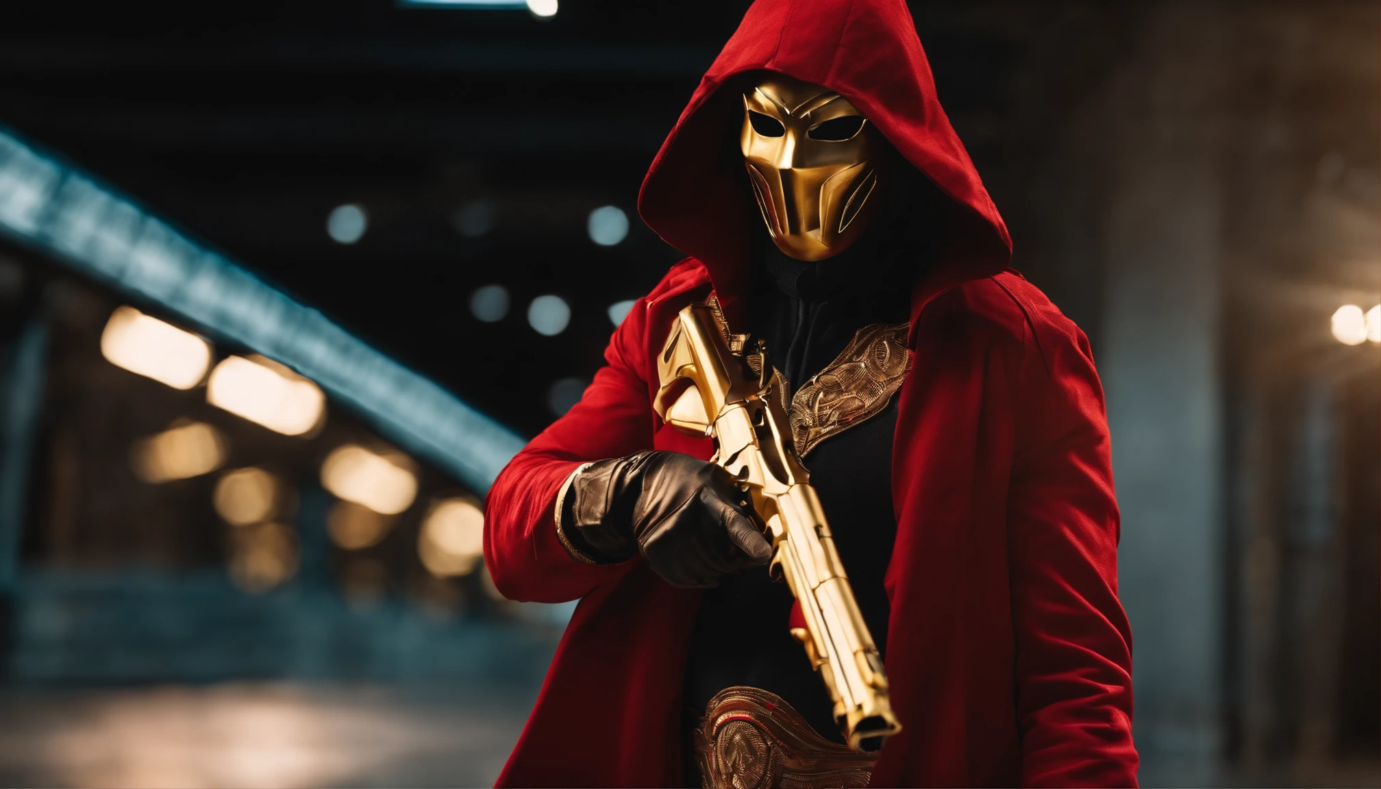 a man wearing a gold mask and a red jacket, anamorphic lenses. high quality, cloth sim, hooded figure, marvel style, shooting, detailed product photo, holding a gun upwards in style