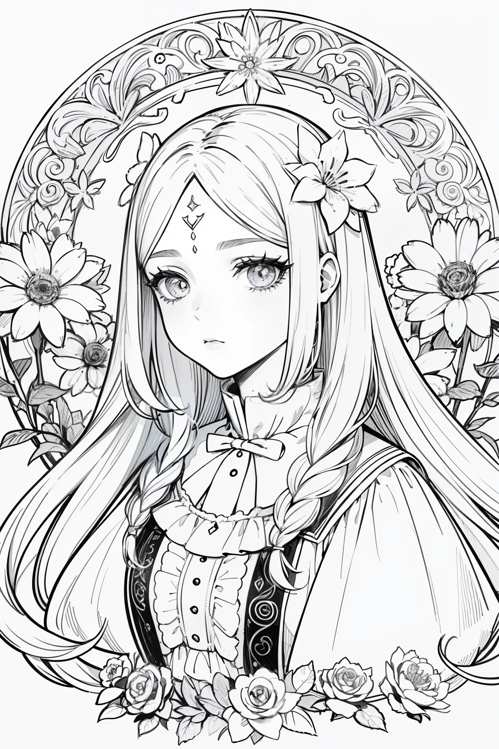 obra maestra, superlativo, Hermosa bruja joven, Femenino , solamente, Halloween lindo , flower line drawing background, fondo blanco, Monocromo, line drawing, ((bosquejo)), espeluznante, Gato blanco con ojos blancos, ojos blancos
