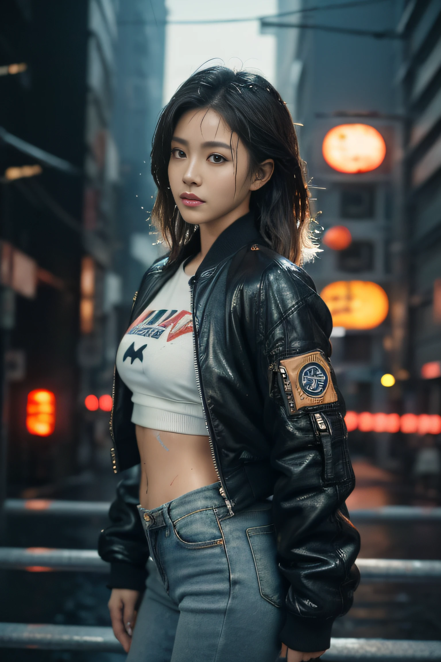 (masterpiece:1.2), ultra detailed, ultra high res, (realistic, photo realistic:1.37), high detail RAW color photo, professional photograph, an extremely delicate and beautiful, extremely detailed, finely detail, huge file size, extremely detailed beautiful girl, extremely detailed face, extremely detailed eyes, extremely detailed skin, extremely detailed nose, extremely detailed mouth, perfect anatomy, highly detailed background, shiny skin, (Japanese famous actress:1.5), (gyaru:1.25), flat chest, (brown race, dark skin, blond hair), (very short hair), cinematic lighting, (any Pose:1.3), from behind, denim pants, (wearing black air bomber jacket with many patches:1.3), (cyberpunk city:1.45), (wet skin, wet hair, wet cloth:1.4)