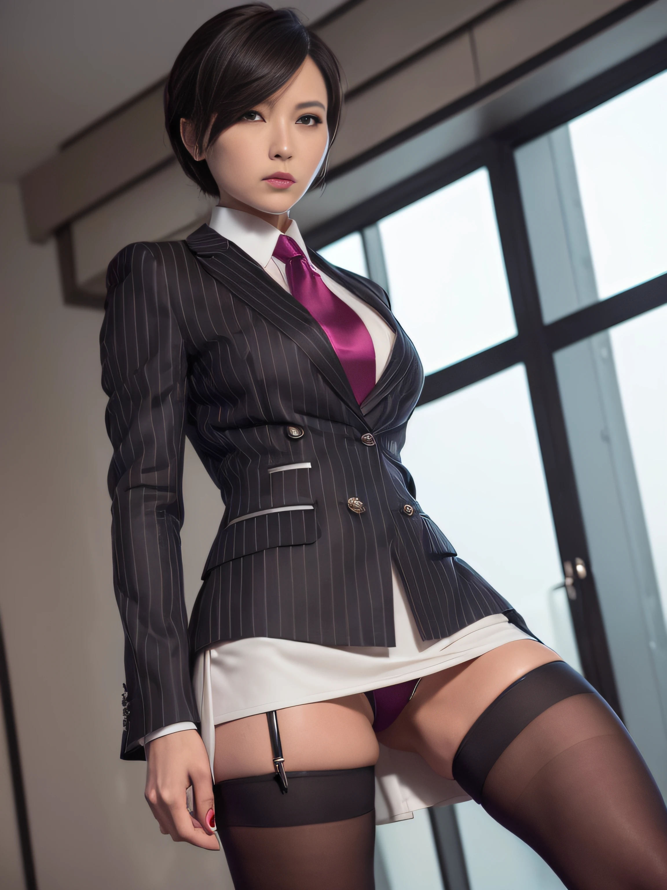 1 woman, ada wong, fully clothed, skirt suit, suit and tie, (((three-piece suit))), silk dress shirt, shirt and tie, necktie, ((blazer)), ((suit jacket)) ((waistcoat)), ((bodycon miniskirt)), pantyhose, tights, stockings, ((pinstripe suit)), high heels, tie clip, pocket square, tailored suit, (((cufflinks))),