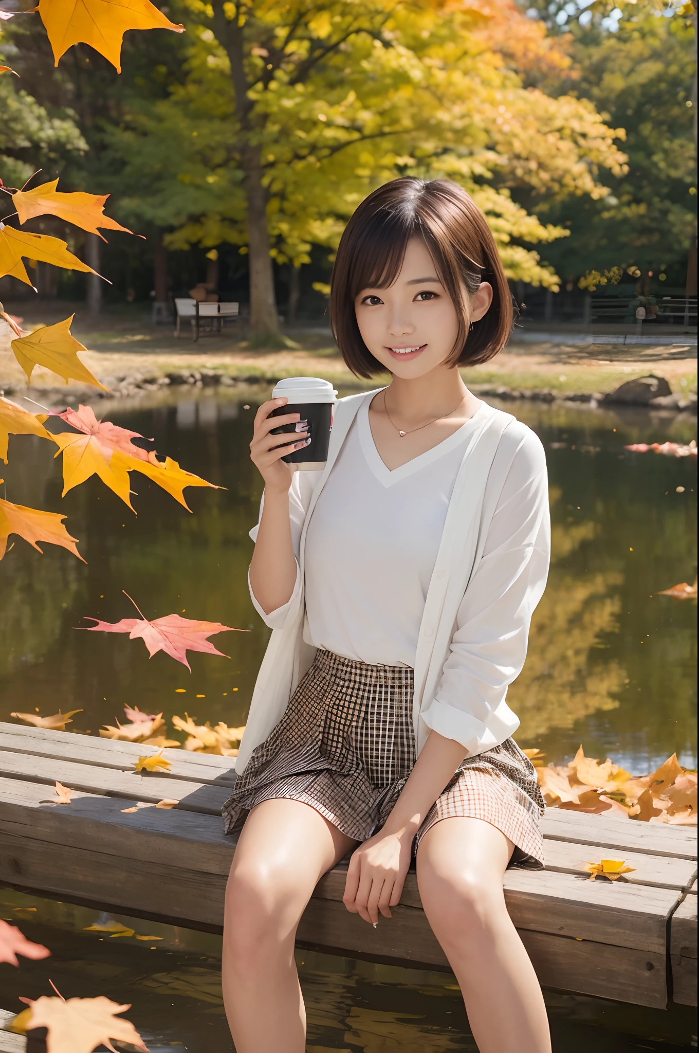 (((nffsw))), (((masutepiece))), (((8K))), (((hight resolution))), (((photographrealistic))), god rays, Zoom Layer, (((FULL BODYSHOT))), F/4.0, canon, Shiny skin,Detailed skin,Detailed face, Detailed eyes, 13-year-old Japan female idol, A clear pond surrounded by autumn leaves, Sit on a bench by the pond and drink coffee, Smaller chest, Short bob hair, Carry your backpack, Light brown shirt, Gingham check miniskirt, White sneakers, Beautiful autumn leaves, Bright red and yellow autumn leaves, Surrounded by a forest of autumn leaves, cheerful look, Pleasant weather, blue open sky, white clouds, Birds flying far away