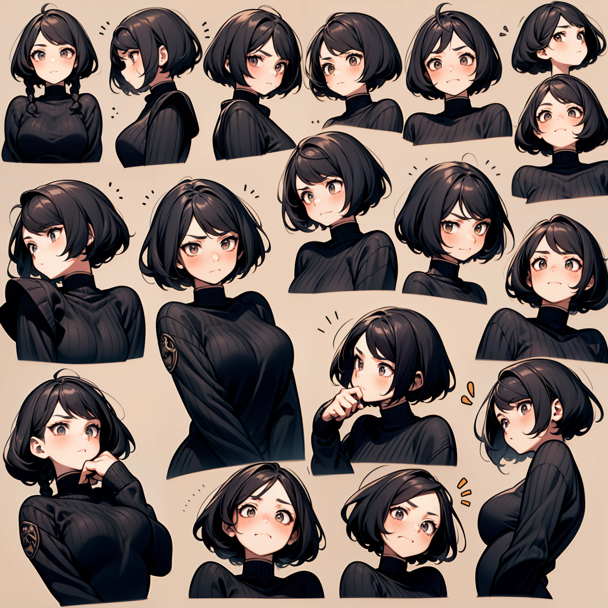 1. A character design of a female character. Side view. NSFW:1.9 Naked:1.9 kissing face, pouting lips, eyes closed, tall woman, black hair, short hair, ponytail:1.9 Swept-to-the-side bangs, beautiful, cute, big breasts, sweat, excitement, blushing