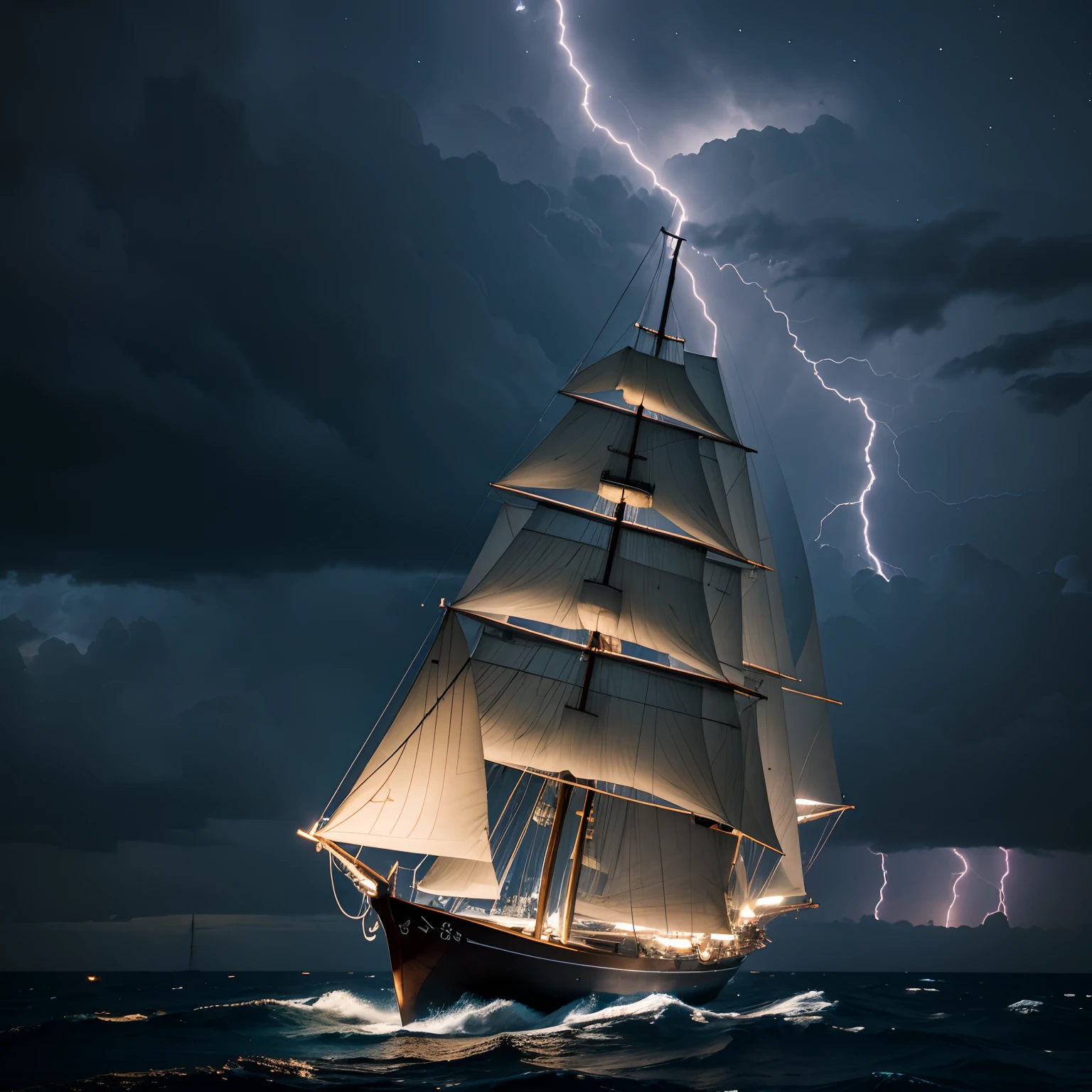 sailboat, Sailing in the Storm. night sky. lightning bolts. Three-masted brig. An island on the horizon.