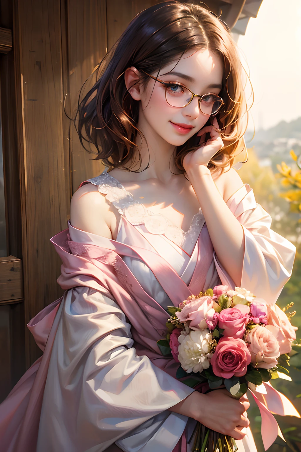 (8K,Raw photo:1.2,Best Quality:1.4,masutepiece:1.2,nffsw:1.2),(Realistic, Photorealistic:1.4,超A high resolution:1.2),1girl in,japanesgirl,16 yo,(masutepiece),超A high resolution,(photographrealistic:1.4), femele,
,(Festive pink bouquet), Small glasses,Autumn outfit , Looking at Viewer, Posing,Smile, Upper body, ((slanted eye)),eyesight,Big eyes, infp young woman, curly short brown hair, Bangs, Looking at Viewer, (Chest up:1.2), Blurry background